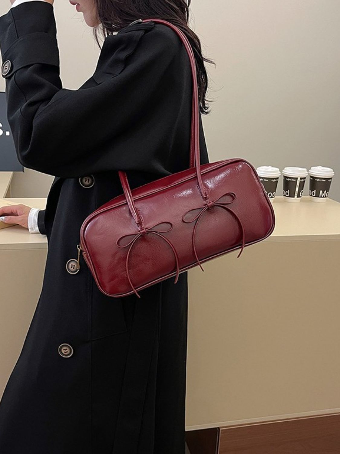 PU Leather Bow Trim Shoulder Bag - Charming Charlie