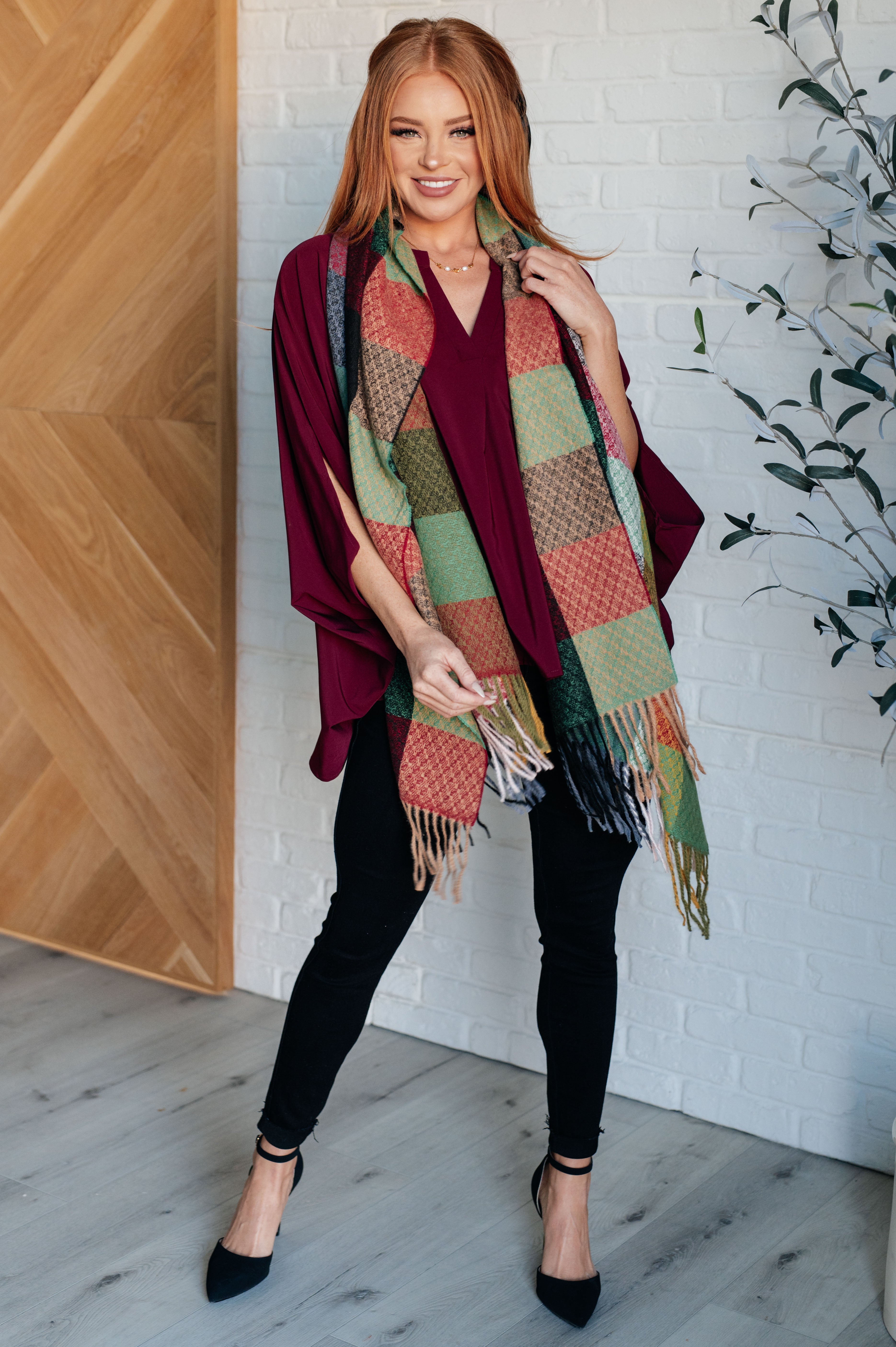 Keep Me Cozy Checkered Fringe Scarf in Berry - Charming Charlie