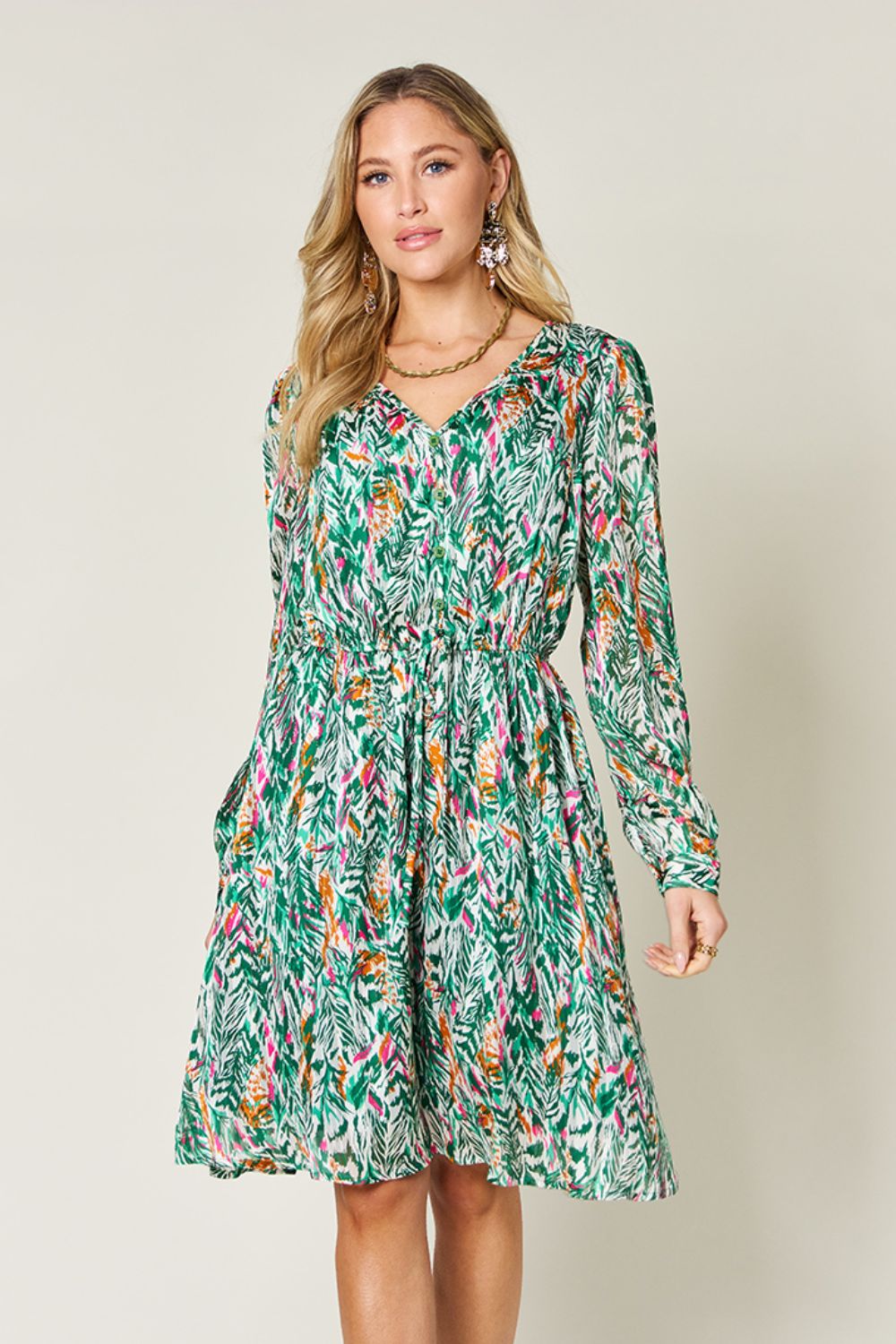 Double Take Full Size Printed Drawstring Waist Long Sleeve Dress - Charming Charlie