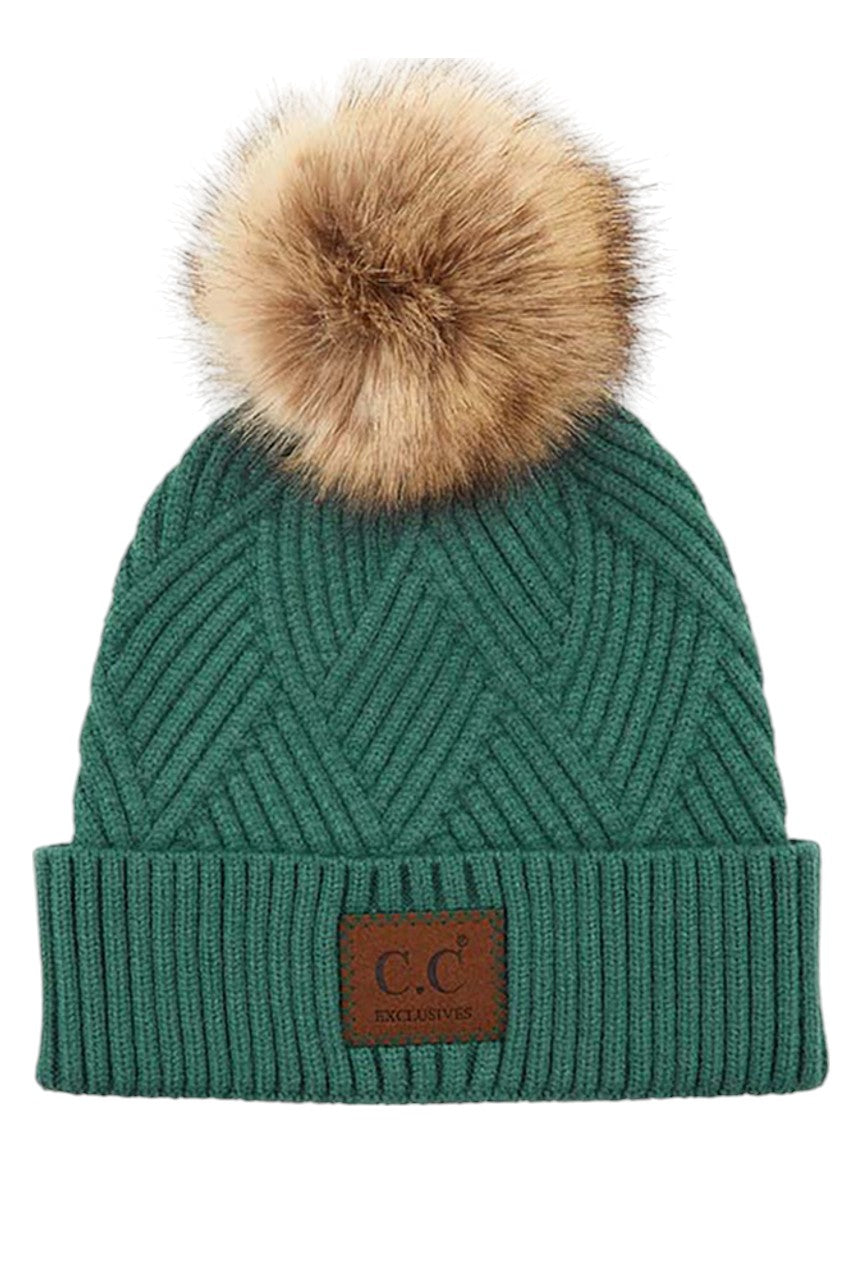 C.C Heather Beanie Hat With Pom Pom And Suede Patch - Charming Charlie