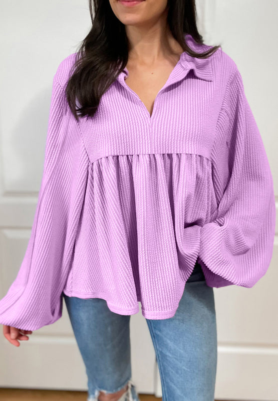 Corded Johnny Collar Long Sleeve Babydoll Blouse - Charming Charlie