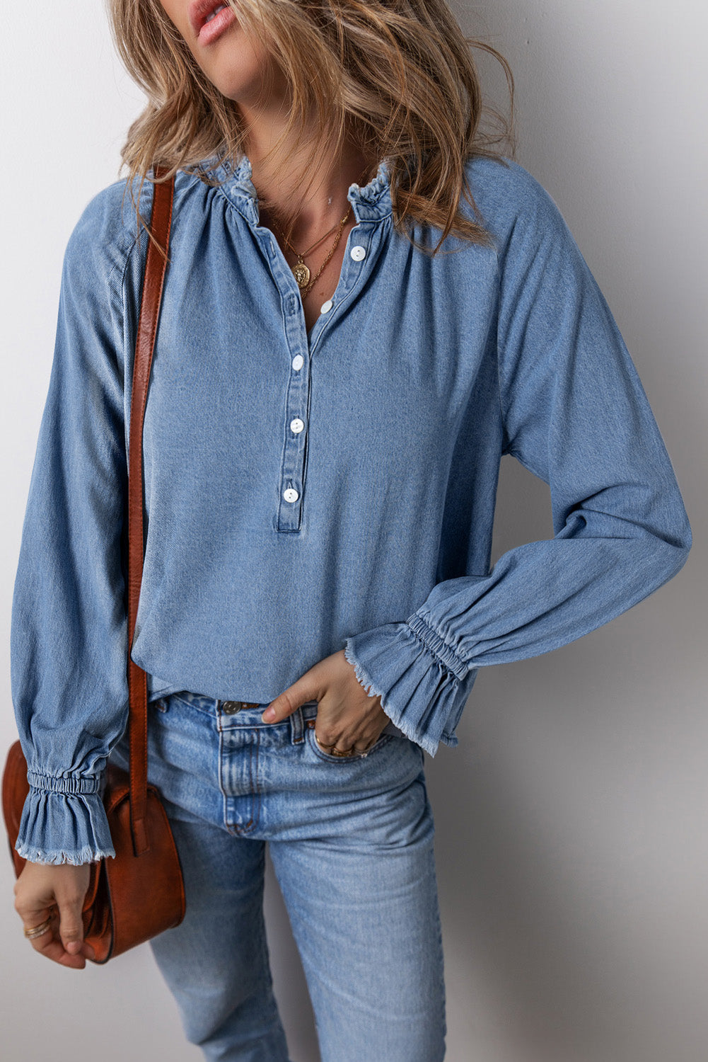 Half Button Long Sleeve Denim Top - Charming Charlie