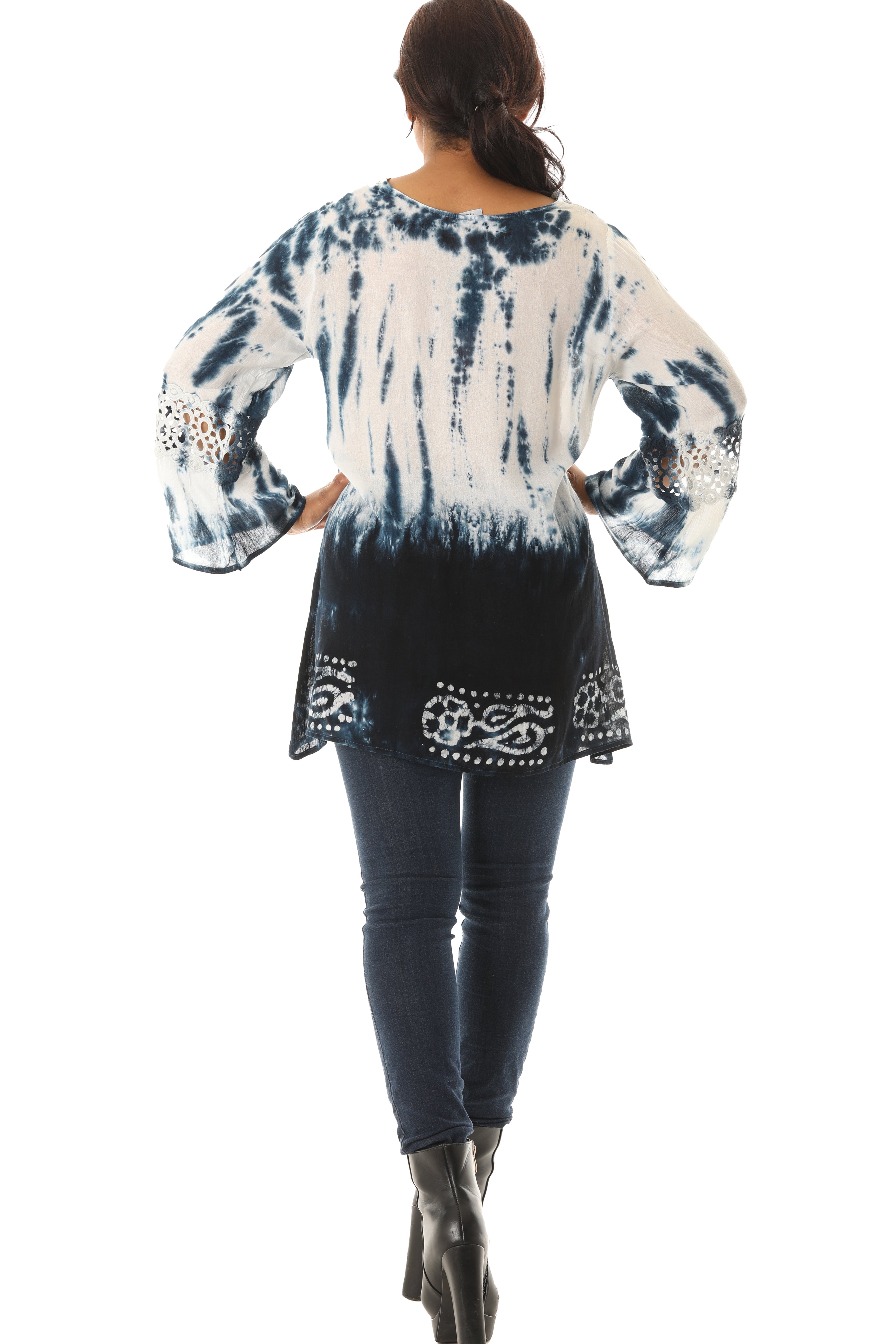 Long Sleeve Tie Dye V-Neck Tunic with Floral and Mesh Patterns - Charming Charlie
