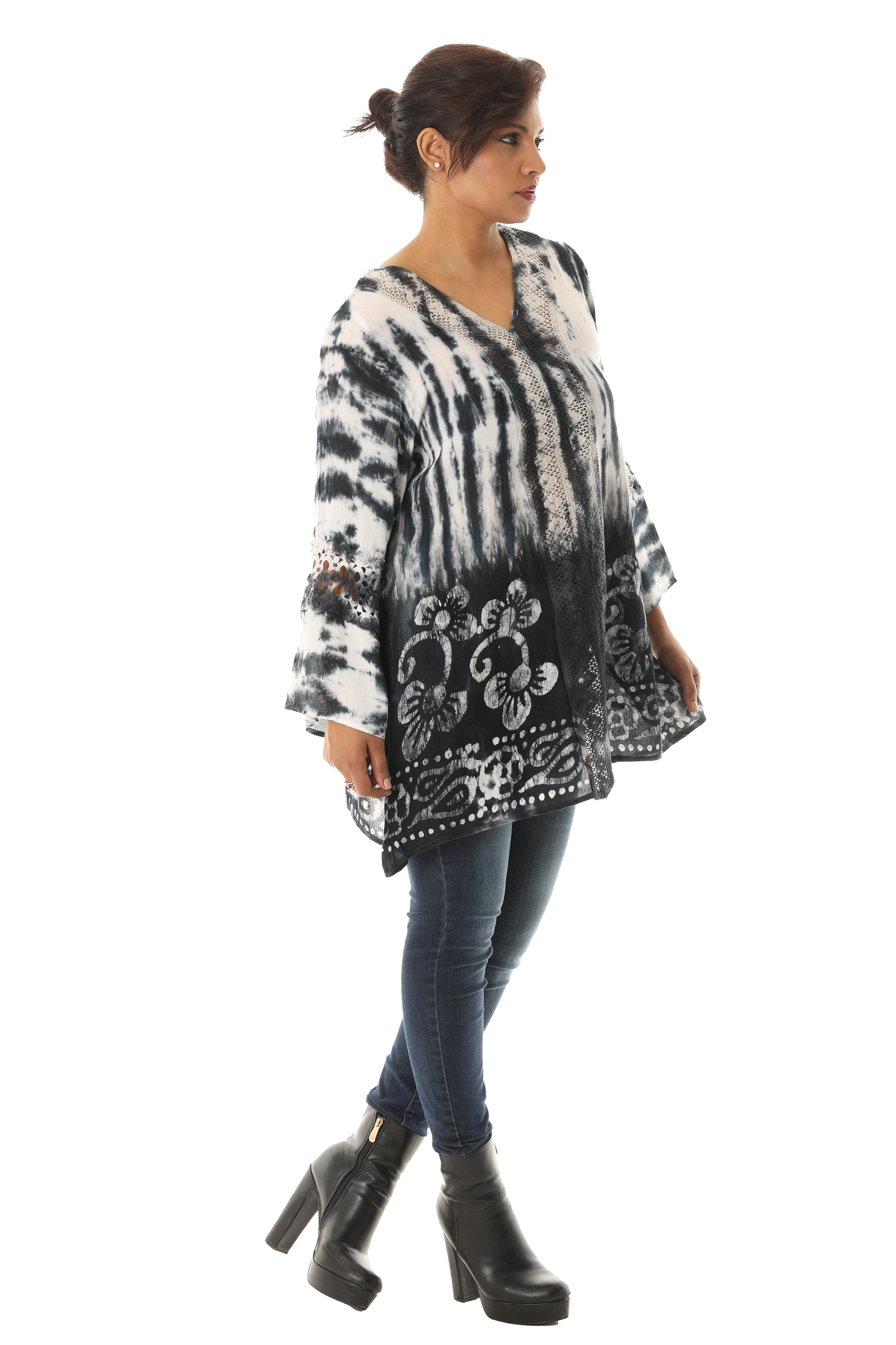 Long Sleeve Tie Dye V-Neck Tunic with Floral and Mesh Patterns - Charming Charlie