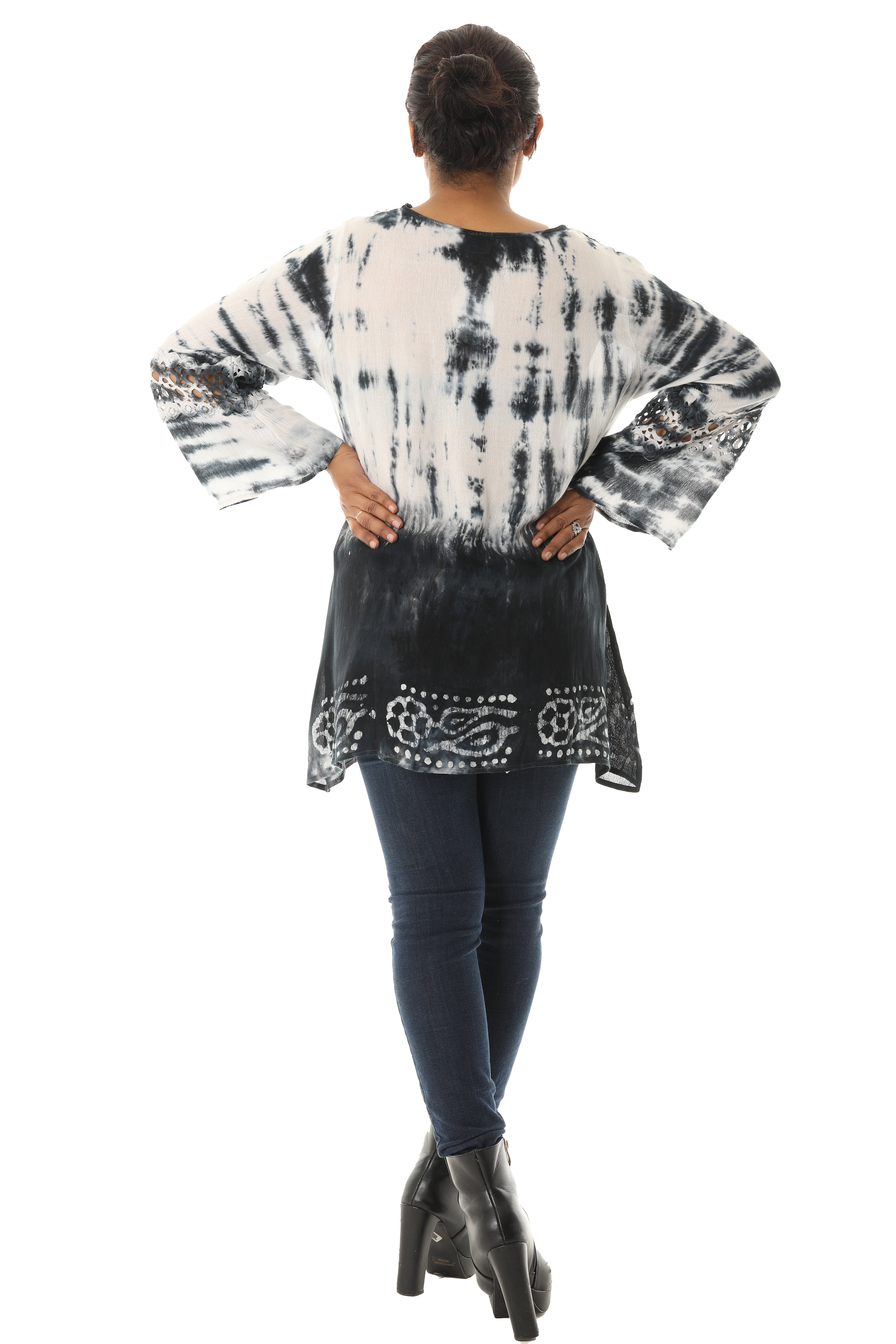 Long Sleeve Tie Dye V-Neck Tunic with Floral and Mesh Patterns - Charming Charlie