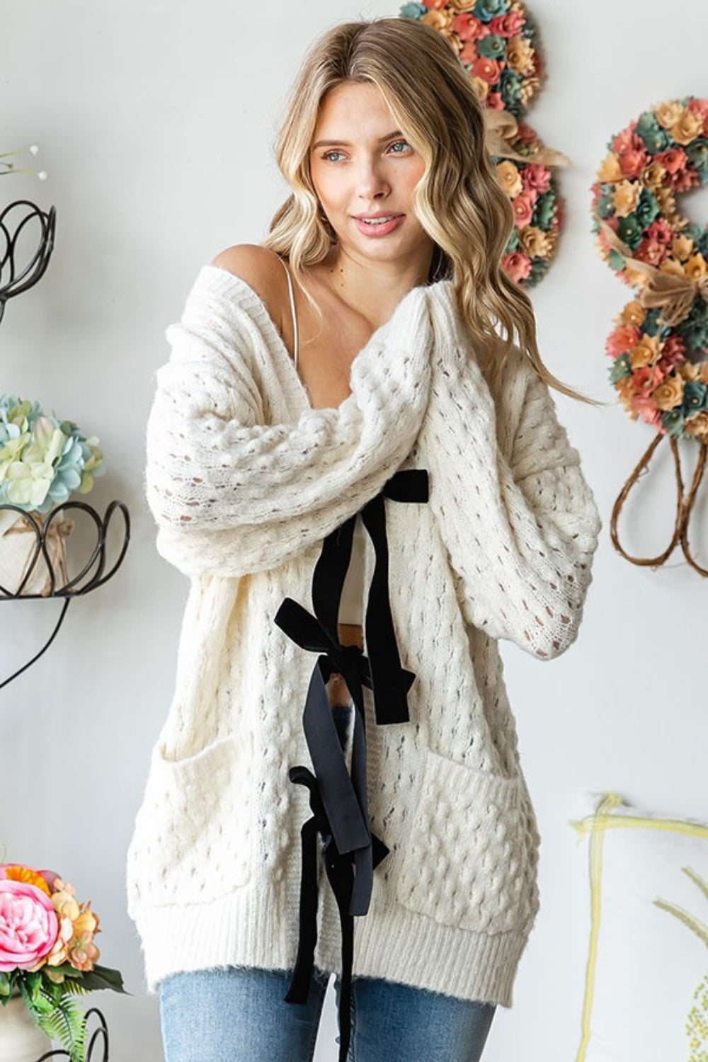 First Love Tie Closure Open Knit Cardigan - Charming Charlie
