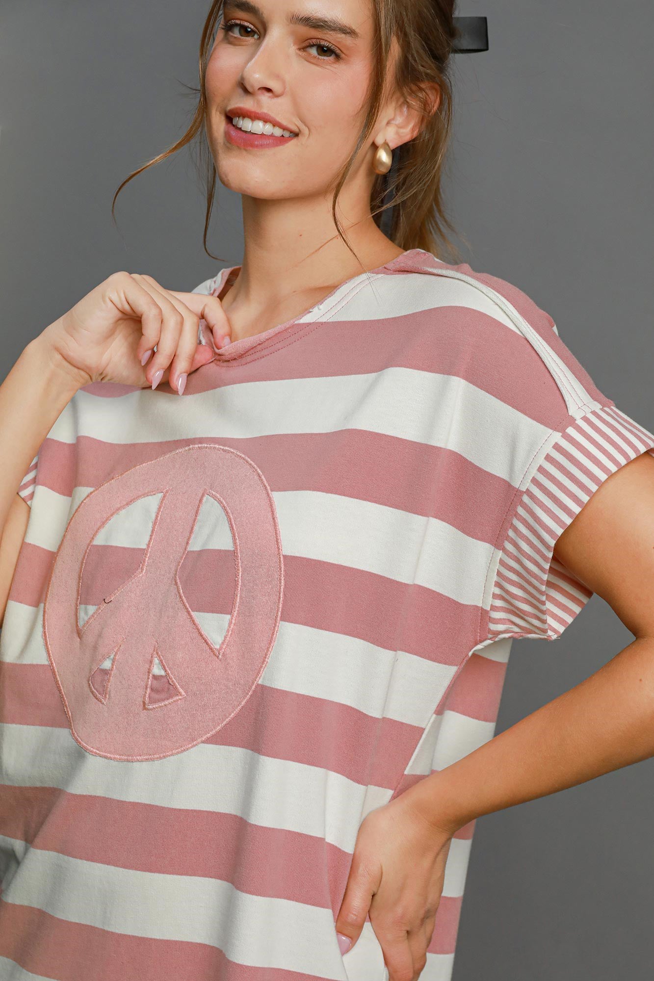 Umgee Peace Applique Striped Short Sleeve Mini Dress - Charming Charlie