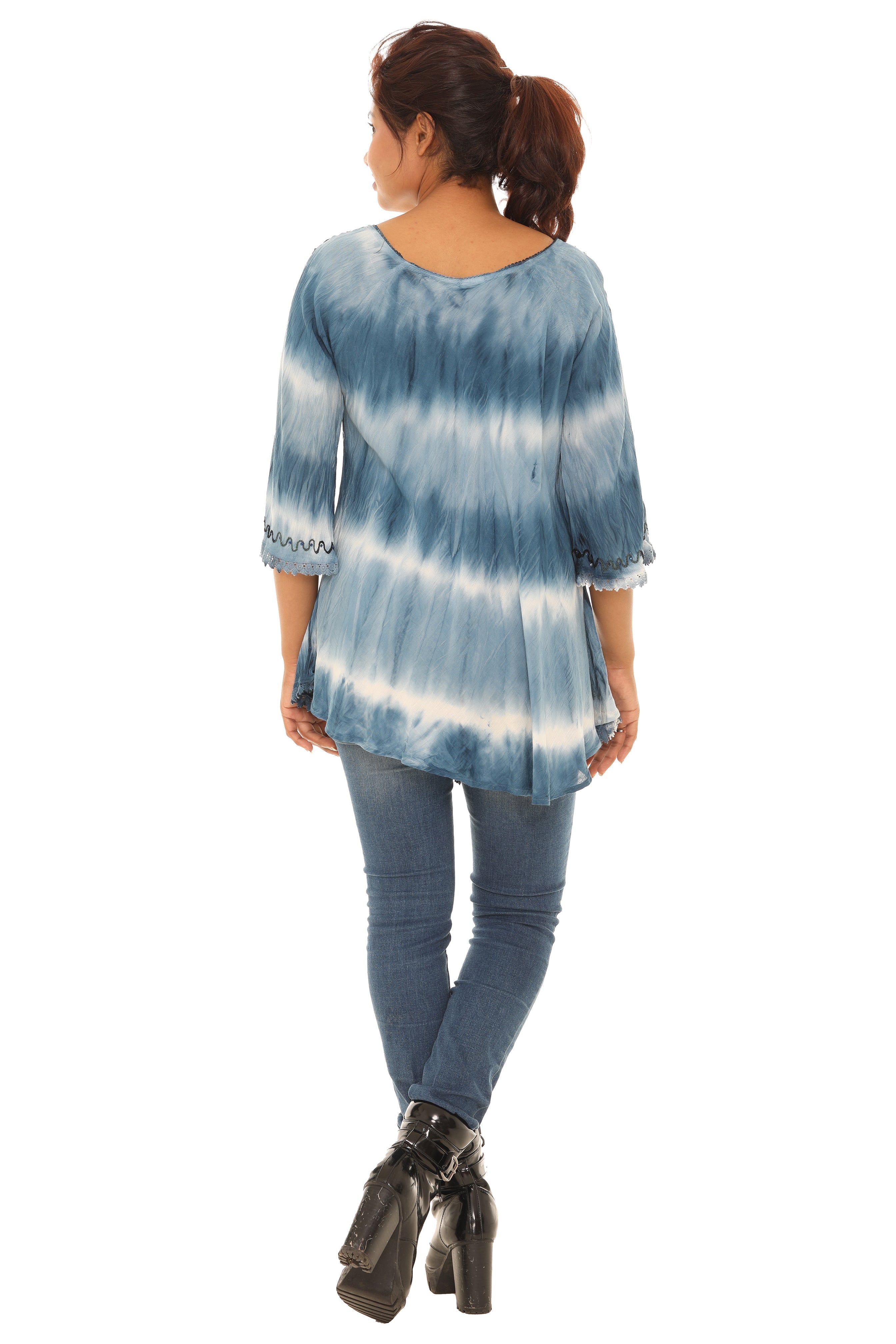 Tie-Dye Embroidered Three-Quarter Sleeve Top - Shoreline Wear, Inc.