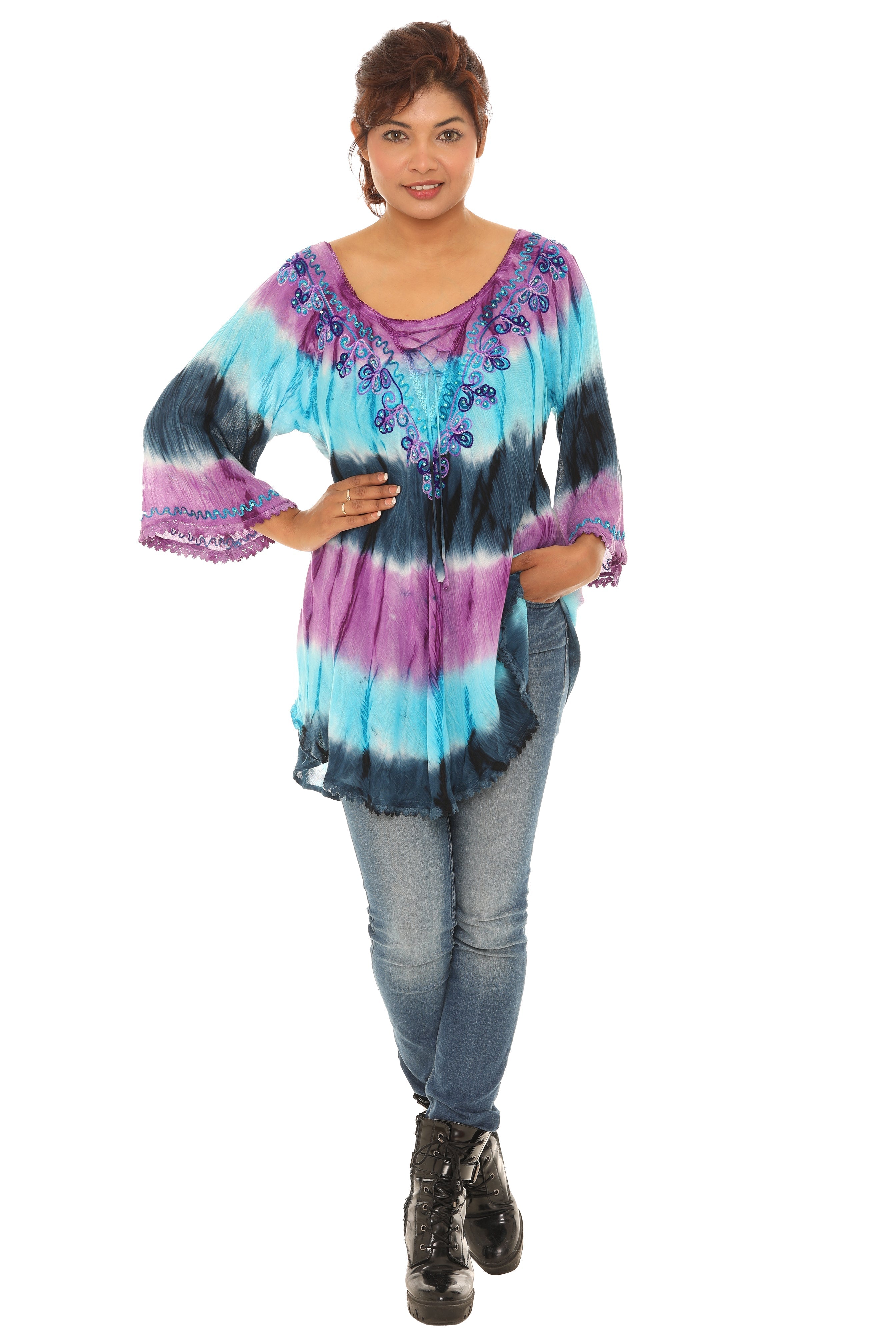 Tie-Dye Embroidered Three-Quarter Sleeve Top - Shoreline Wear, Inc.