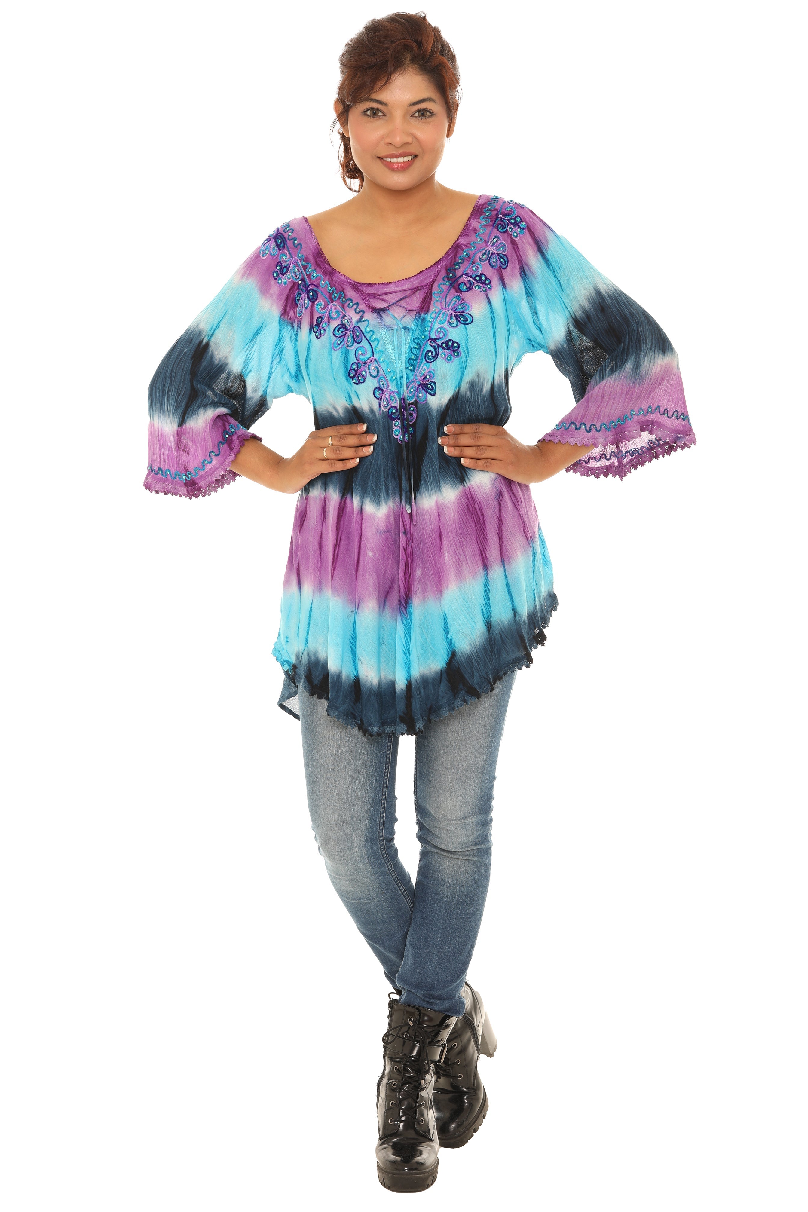 Tie-Dye Embroidered Three-Quarter Sleeve Top - Shoreline Wear, Inc.
