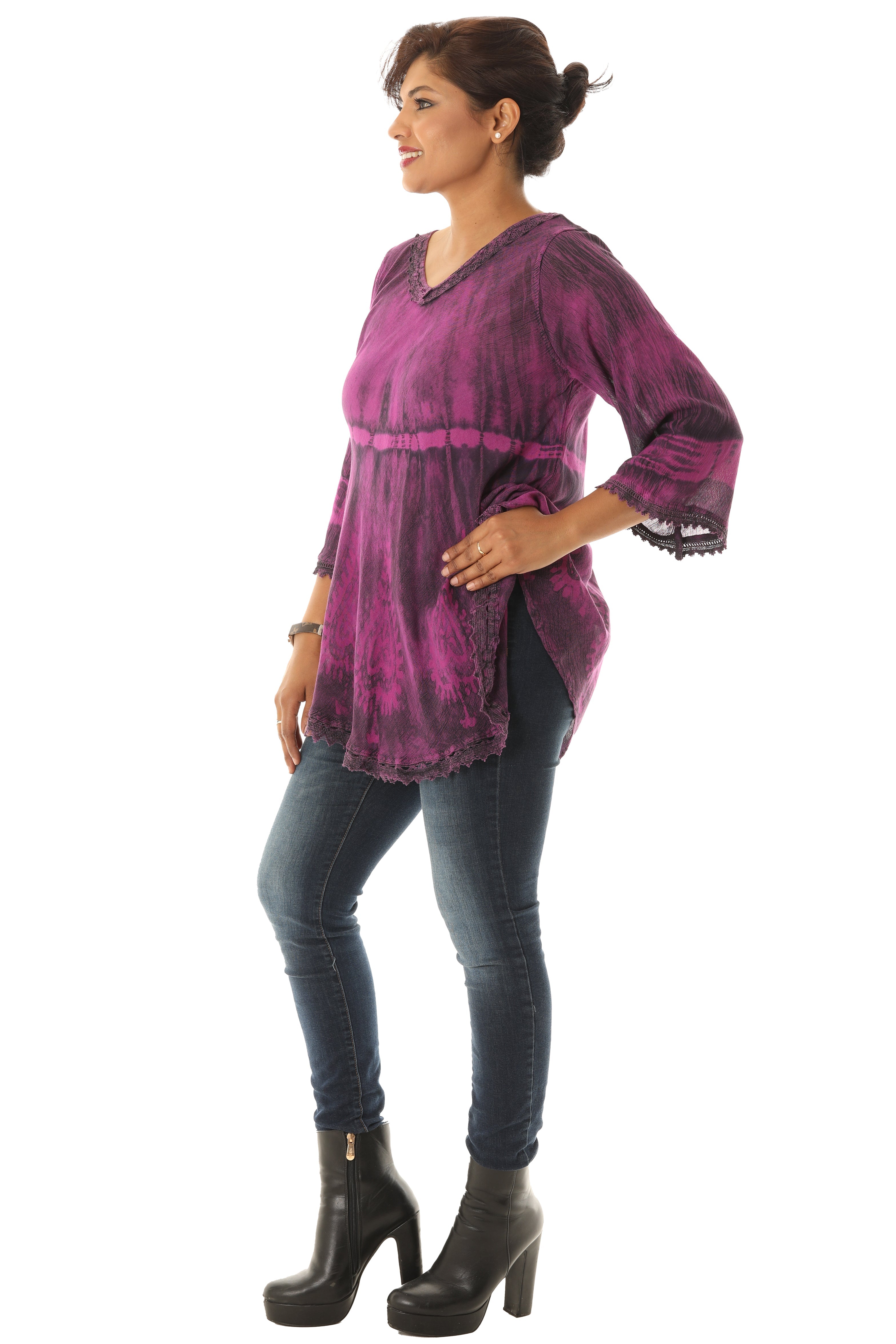 V-Neck Tunic with Lace Pattern Sleeves and Bottom - Charming Charlie