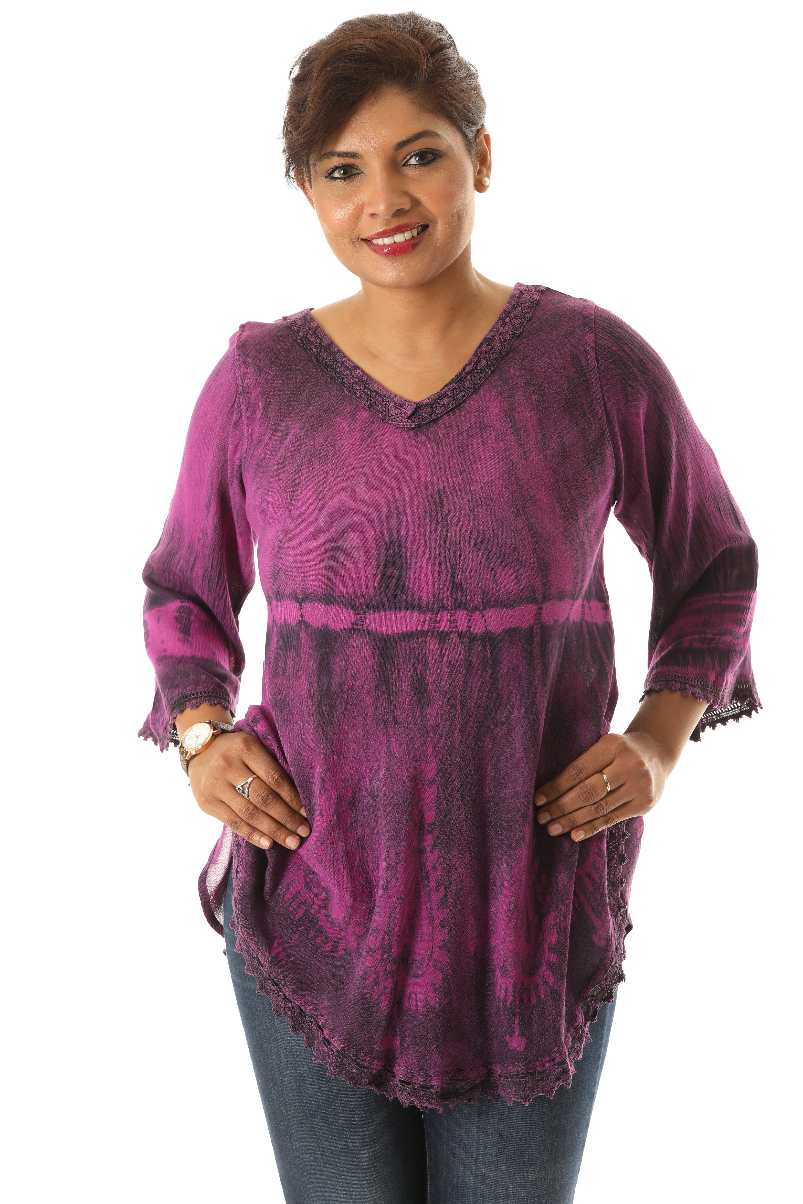 V-Neck Tunic with Lace Pattern Sleeves and Bottom - Charming Charlie