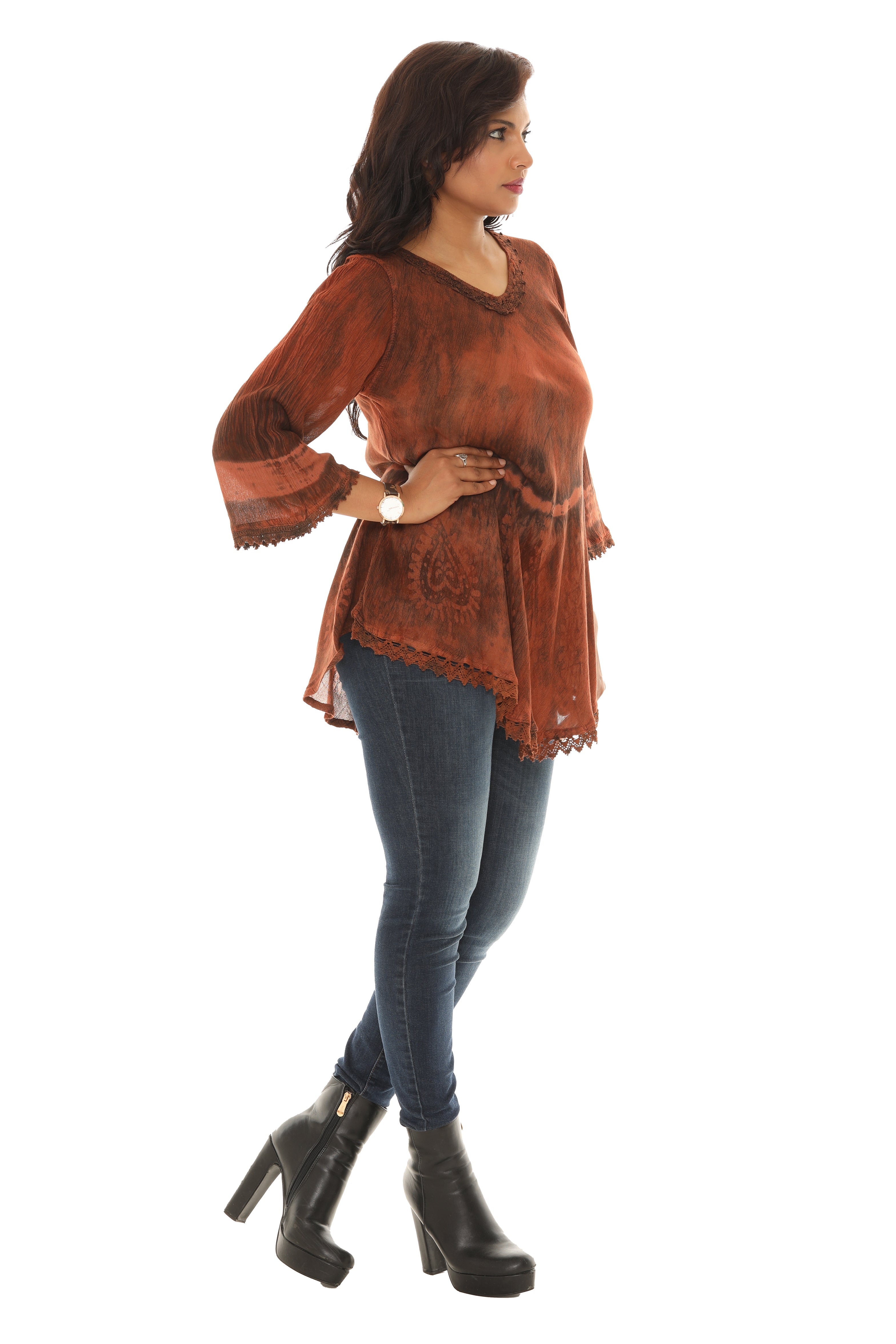 V-Neck Tunic with Lace Pattern Sleeves and Bottom - Charming Charlie