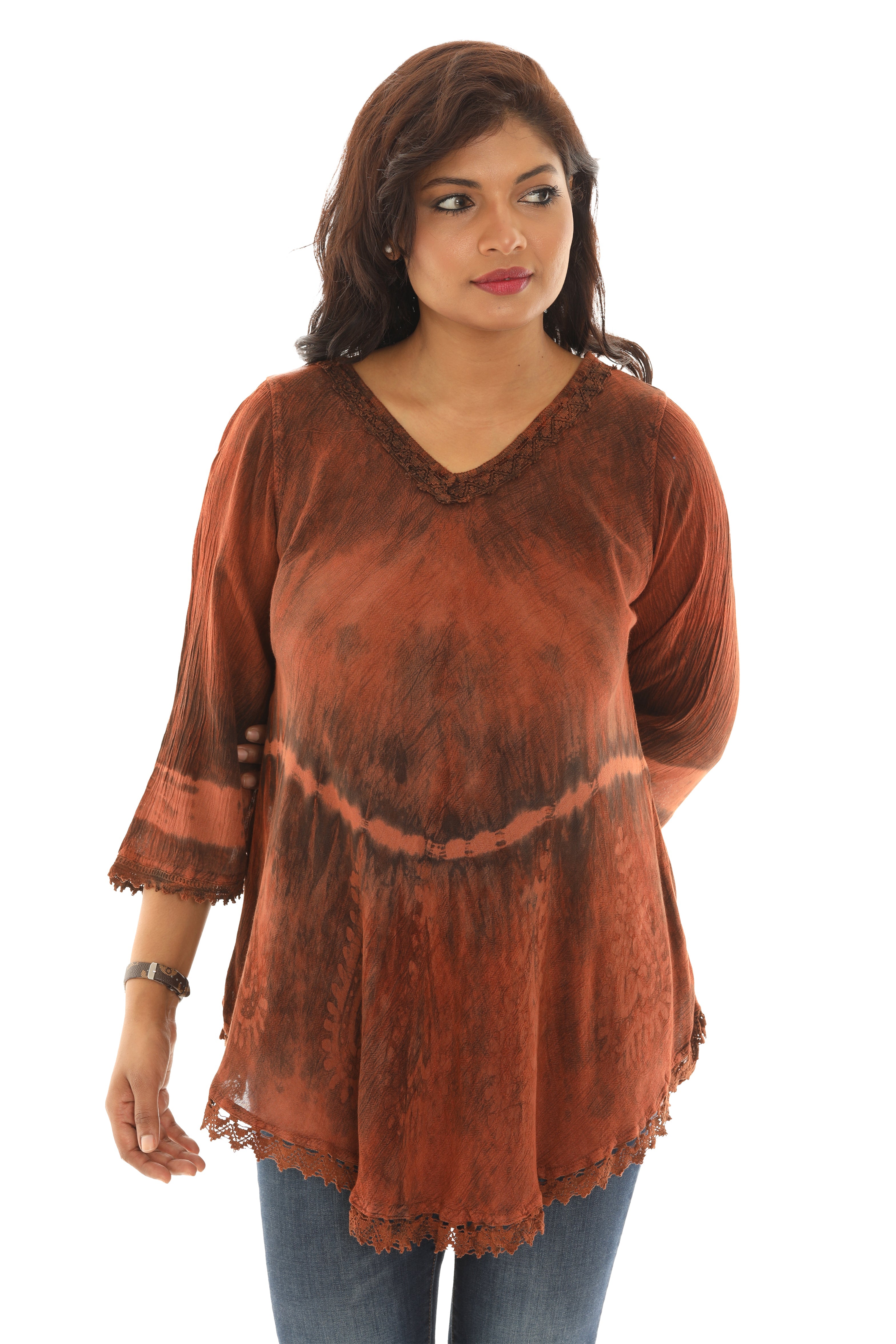 V-Neck Tunic with Lace Pattern Sleeves and Bottom - Charming Charlie