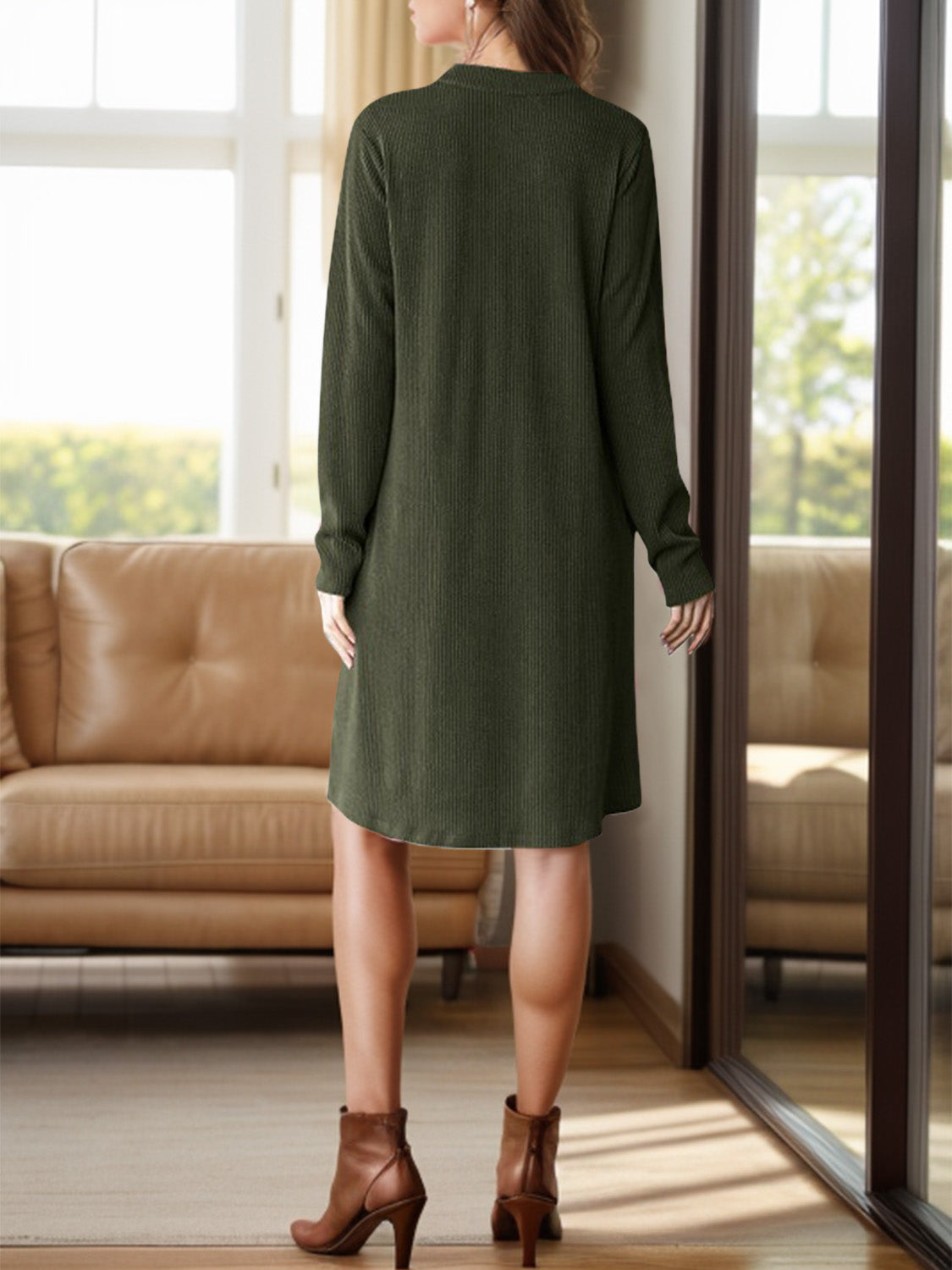 Notched Long Sleeve Mini Dress with Pockets - Charming Charlie