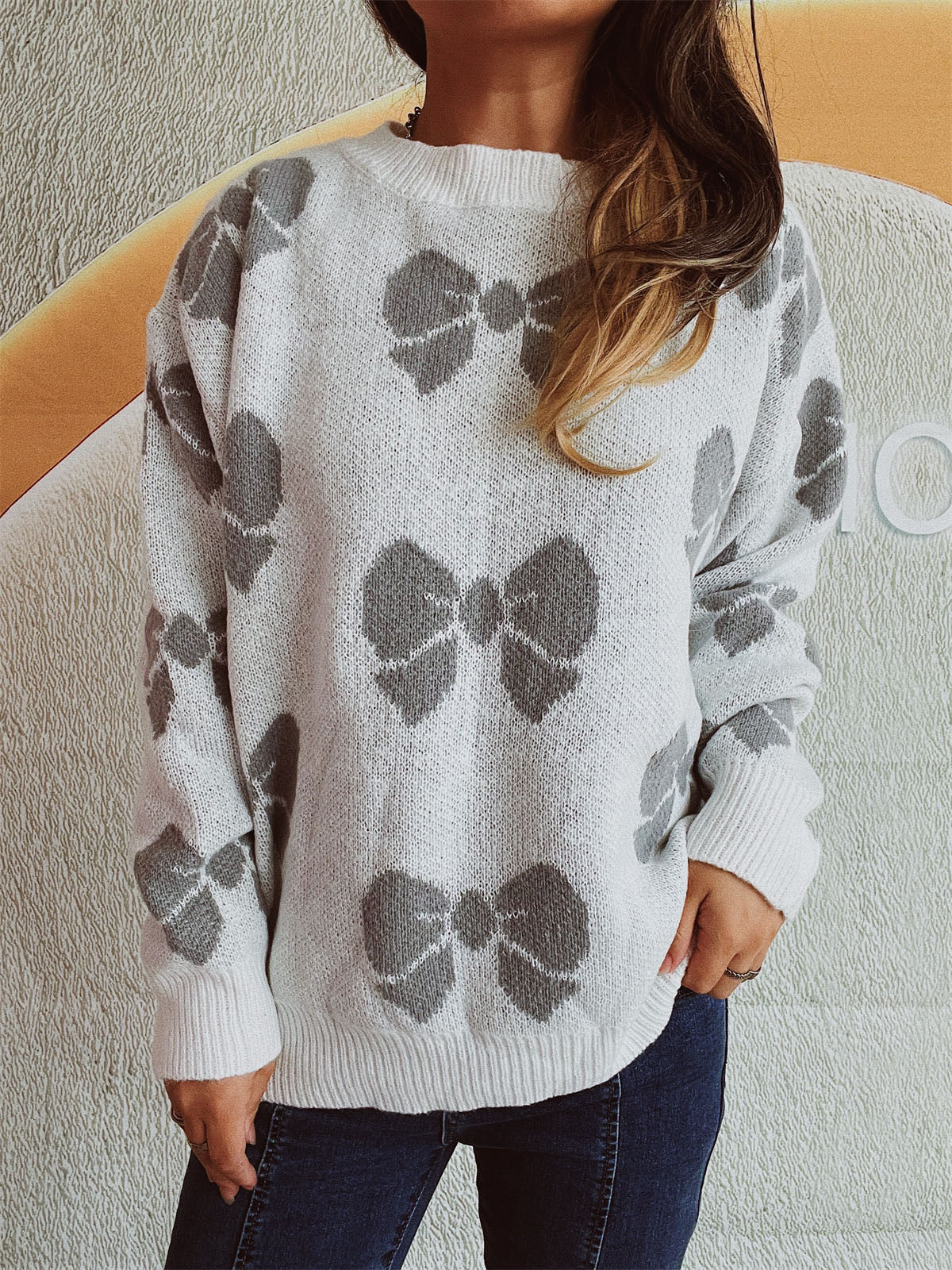 Bow Round Neck Dropped Shoulder Sweater - Charming Charlie