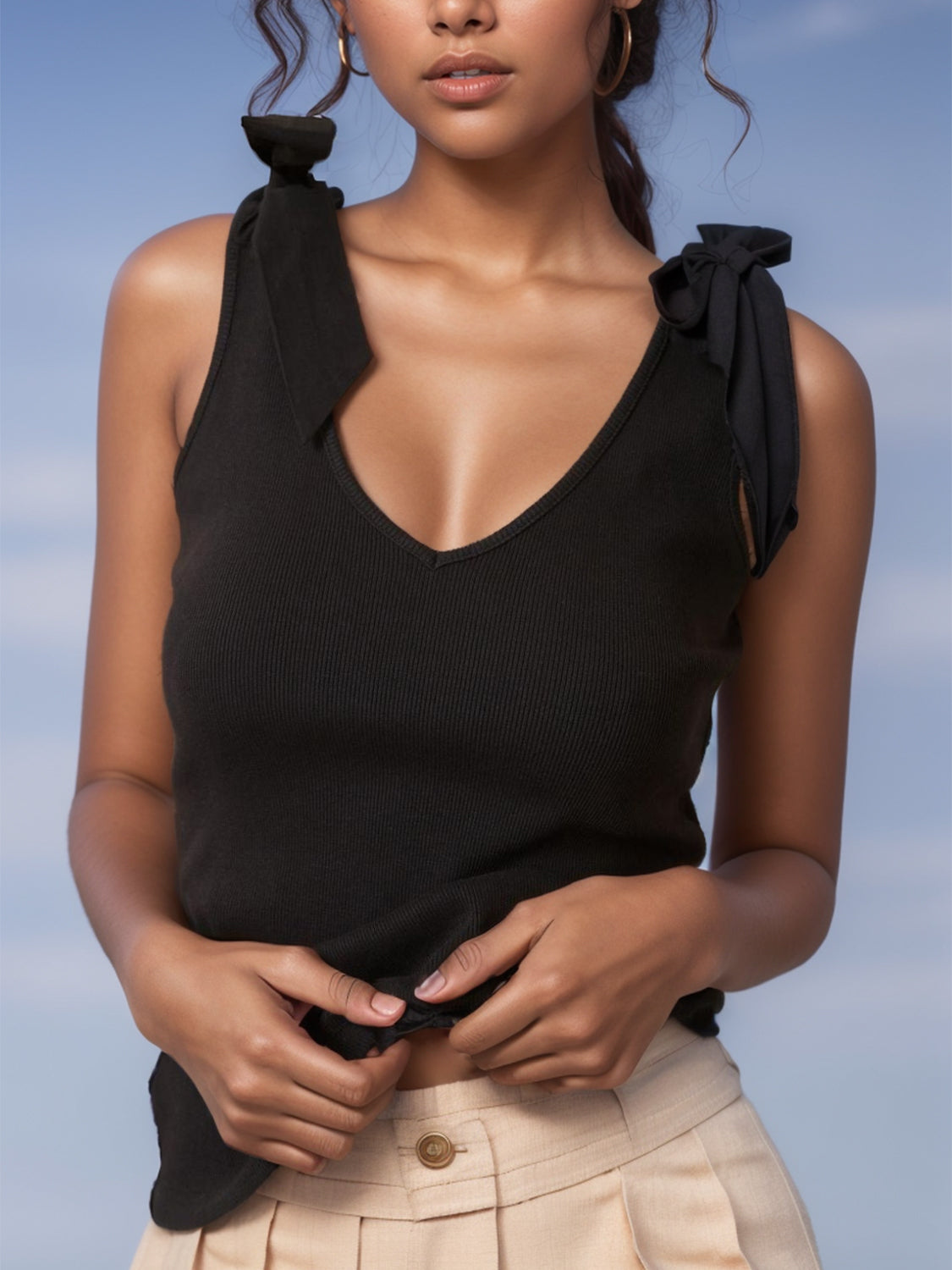 V-Neck Tie Shoulder Tank - Charming Charlie