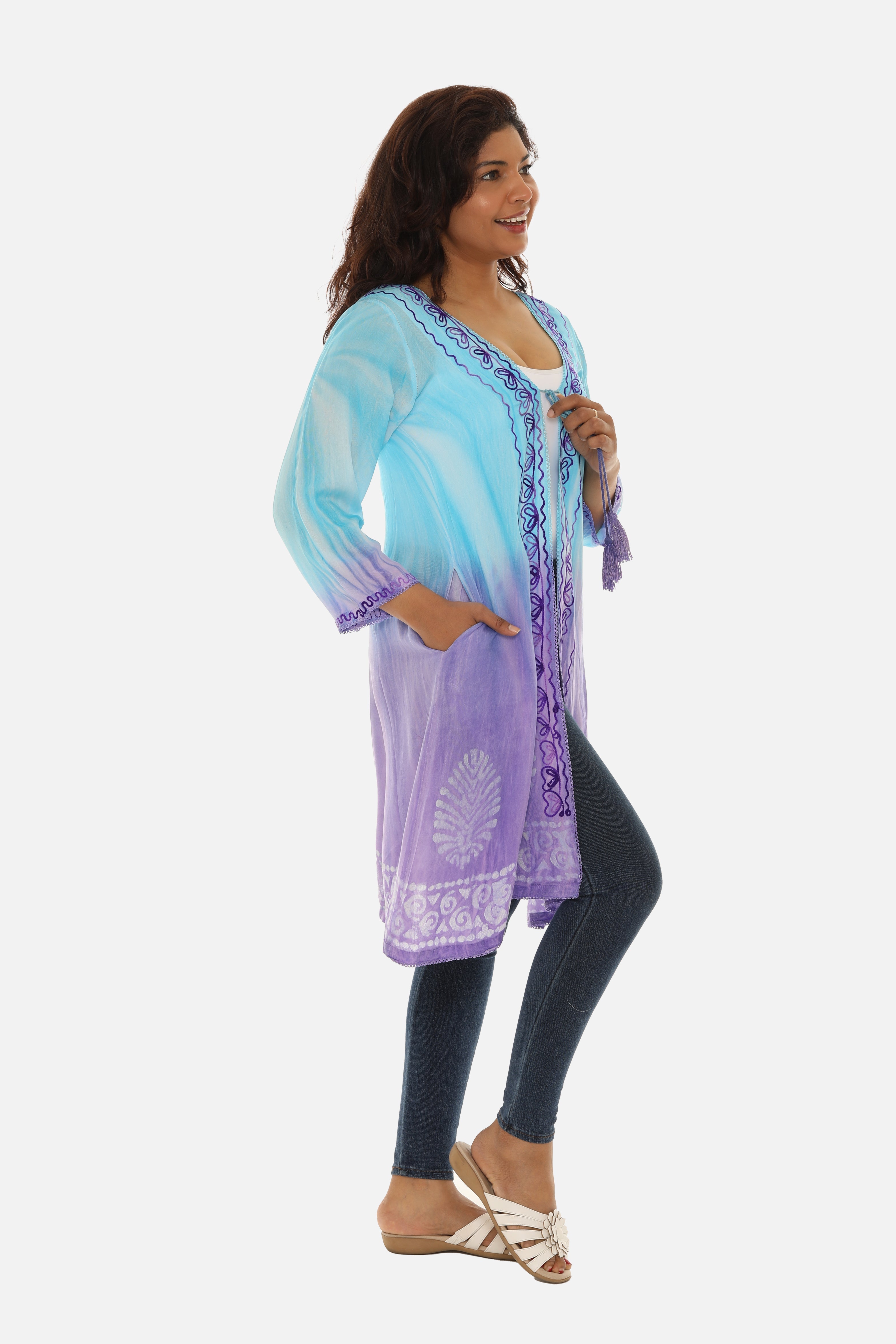Open Cardigan Block Printed with Tie Threads for Women - Charming Charlie