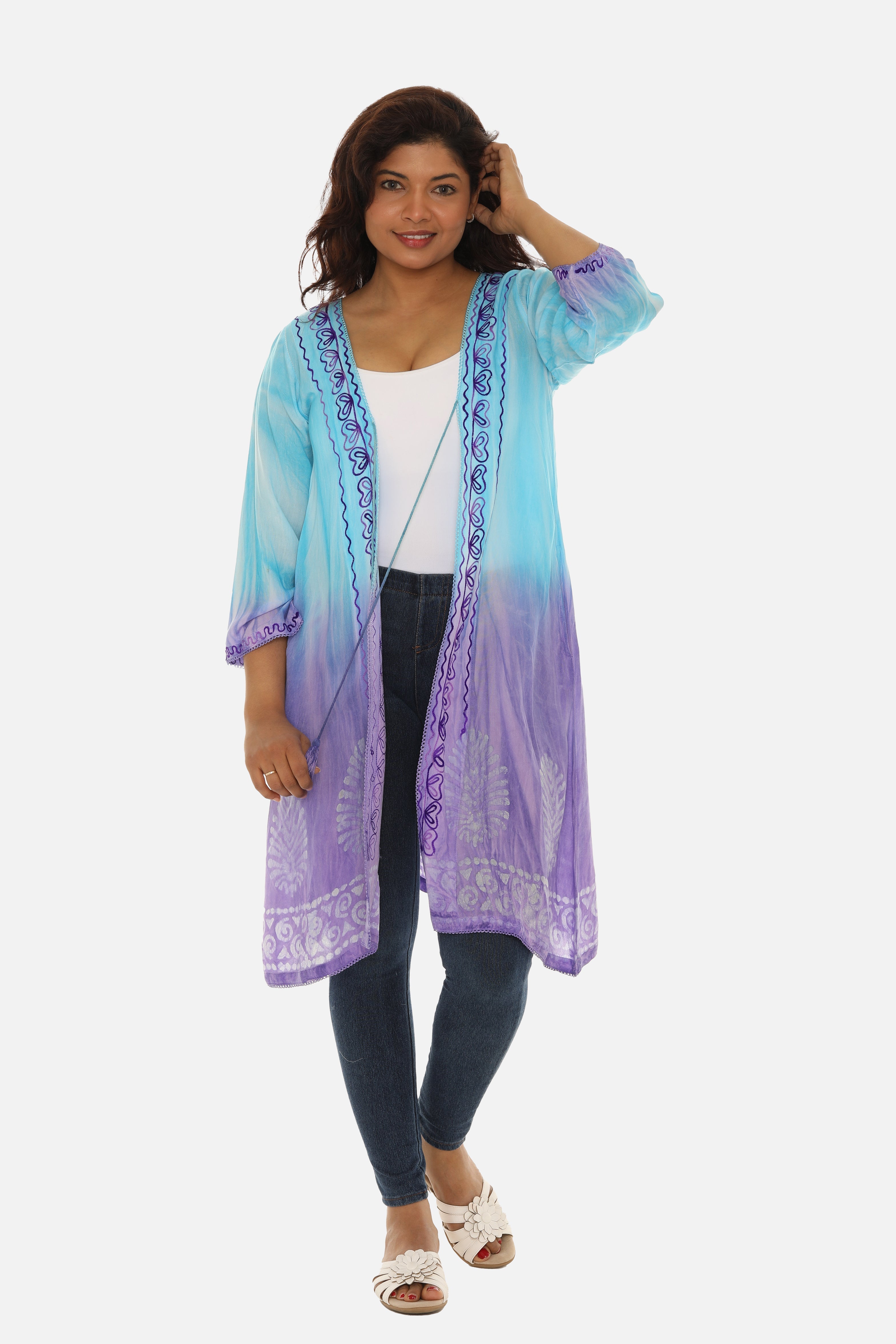 Open Cardigan Block Printed with Tie Threads for Women - Charming Charlie