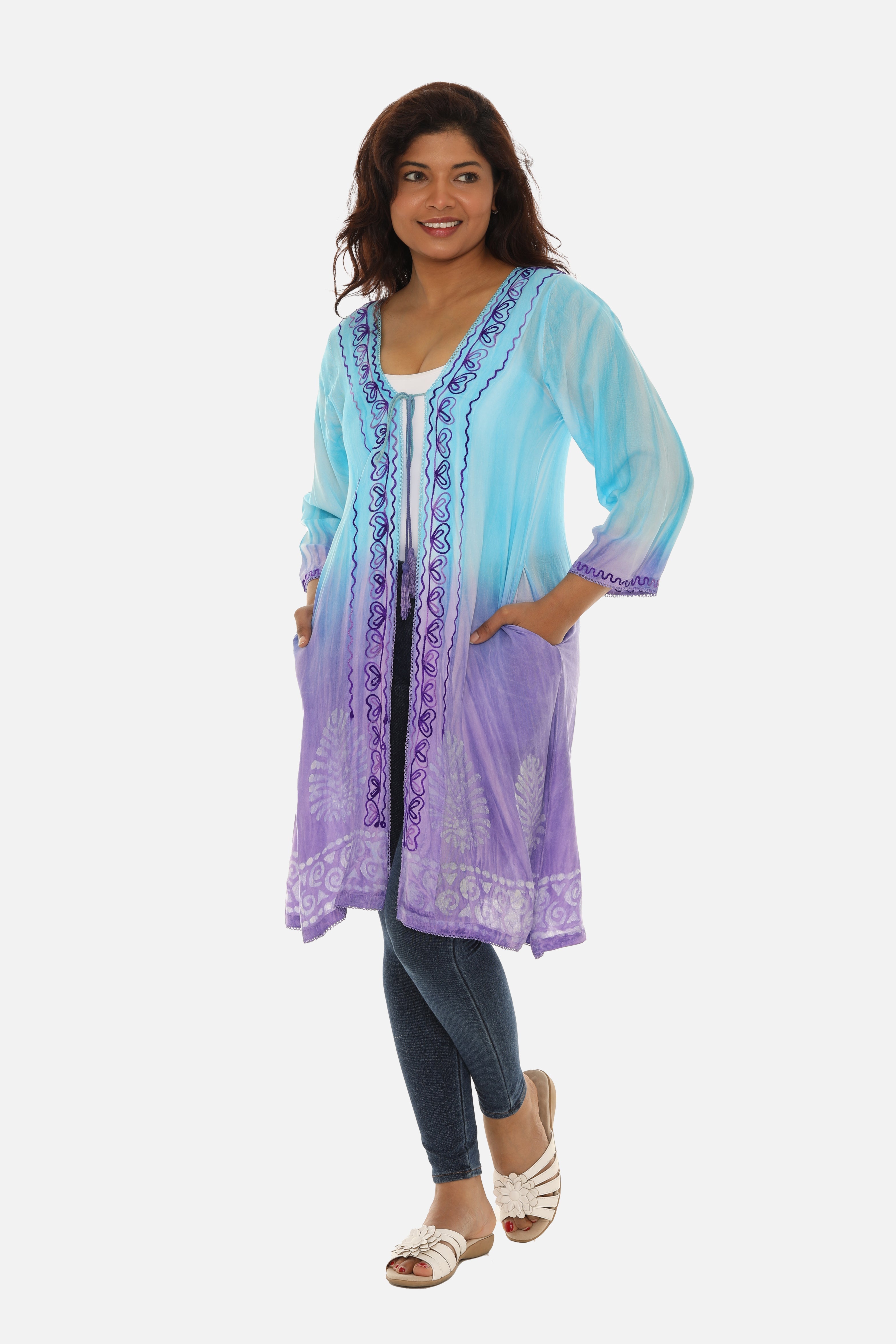 Open Cardigan Block Printed with Tie Threads for Women - Charming Charlie