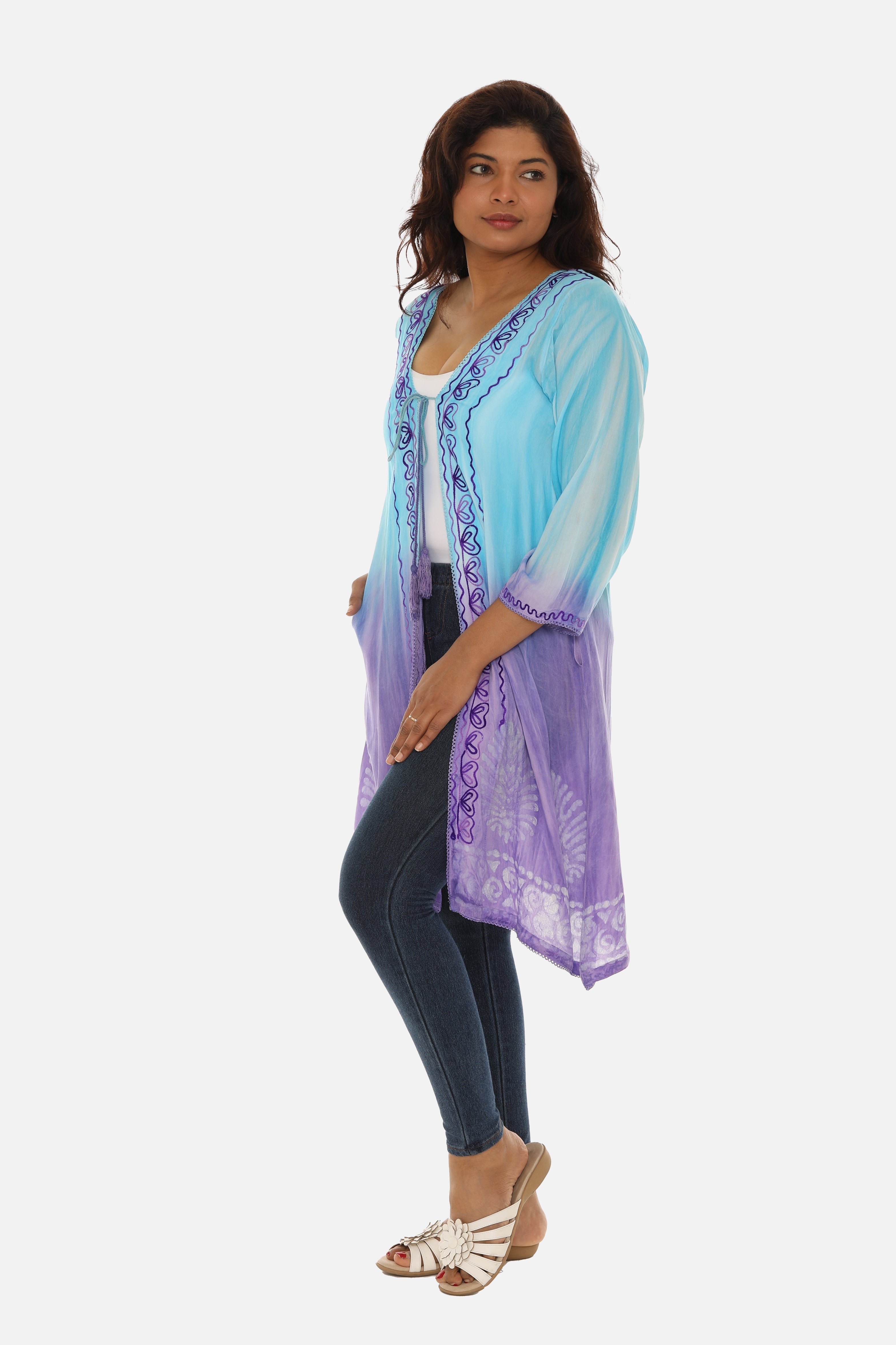 Open Cardigan Block Printed with Tie Threads for Women - Charming Charlie