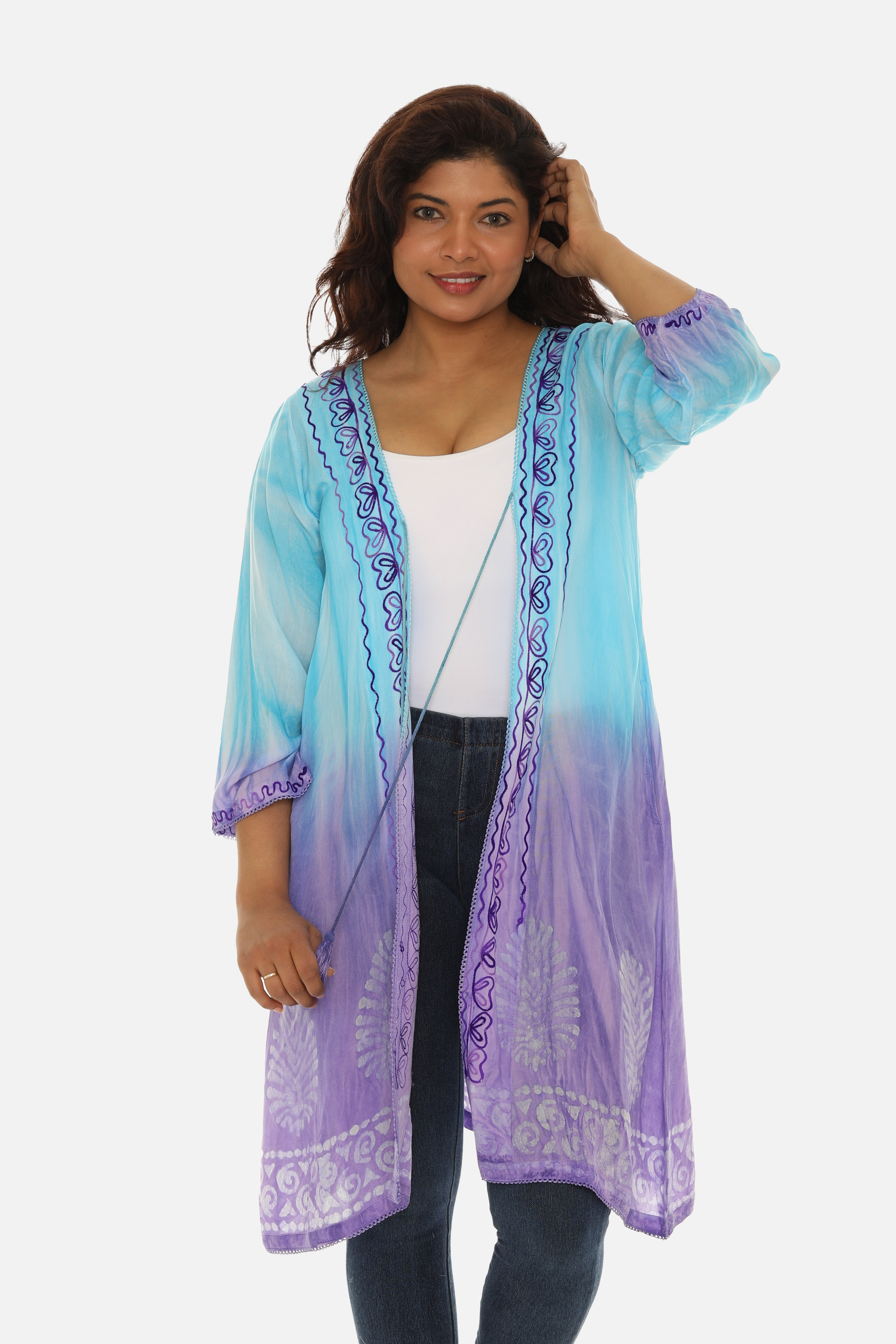 Open Cardigan Block Printed with Tie Threads for Women - Charming Charlie