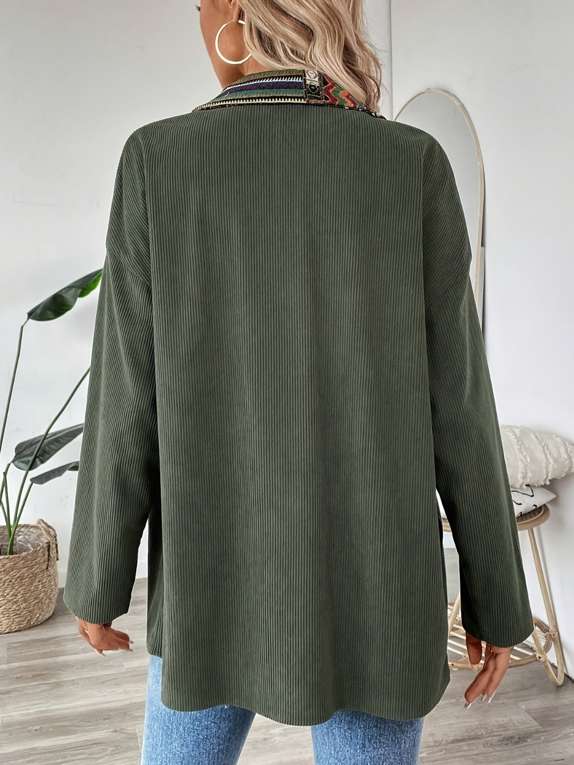 Snap Down Long Sleeve Jacket with Chest Pockets - Charming Charlie