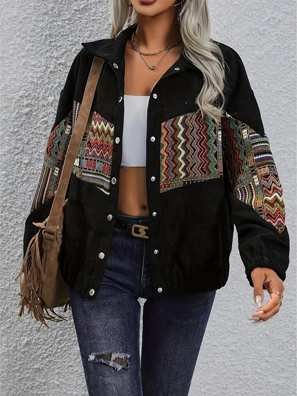 Embroidered Collared Neck Snap Down Jacket - Charming Charlie