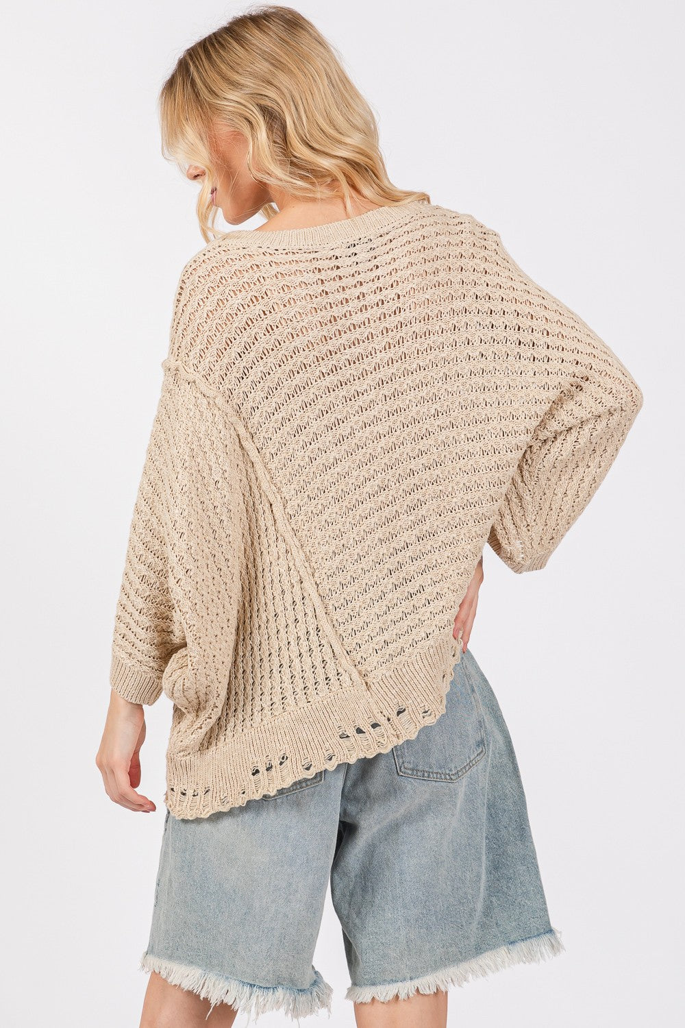 SAGE + FIG Distressed Asymmetrical Open Stitch Sweater - Charming Charlie