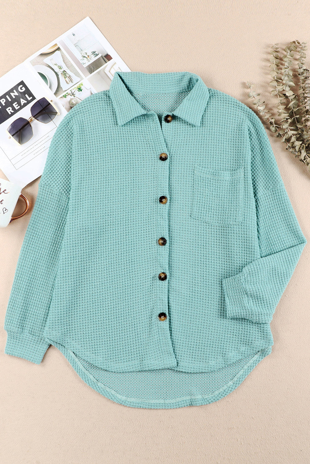 Waffle-Knit Collared Neck Long Sleeve Shirt - Charming Charlie