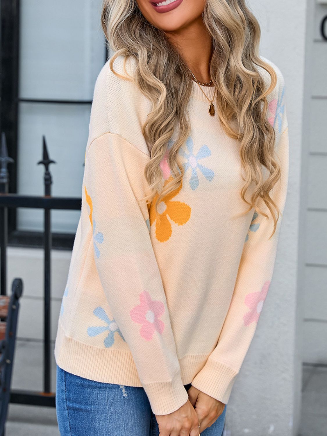 Flower Round Neck Dropped Shoulder Sweater - Charming Charlie