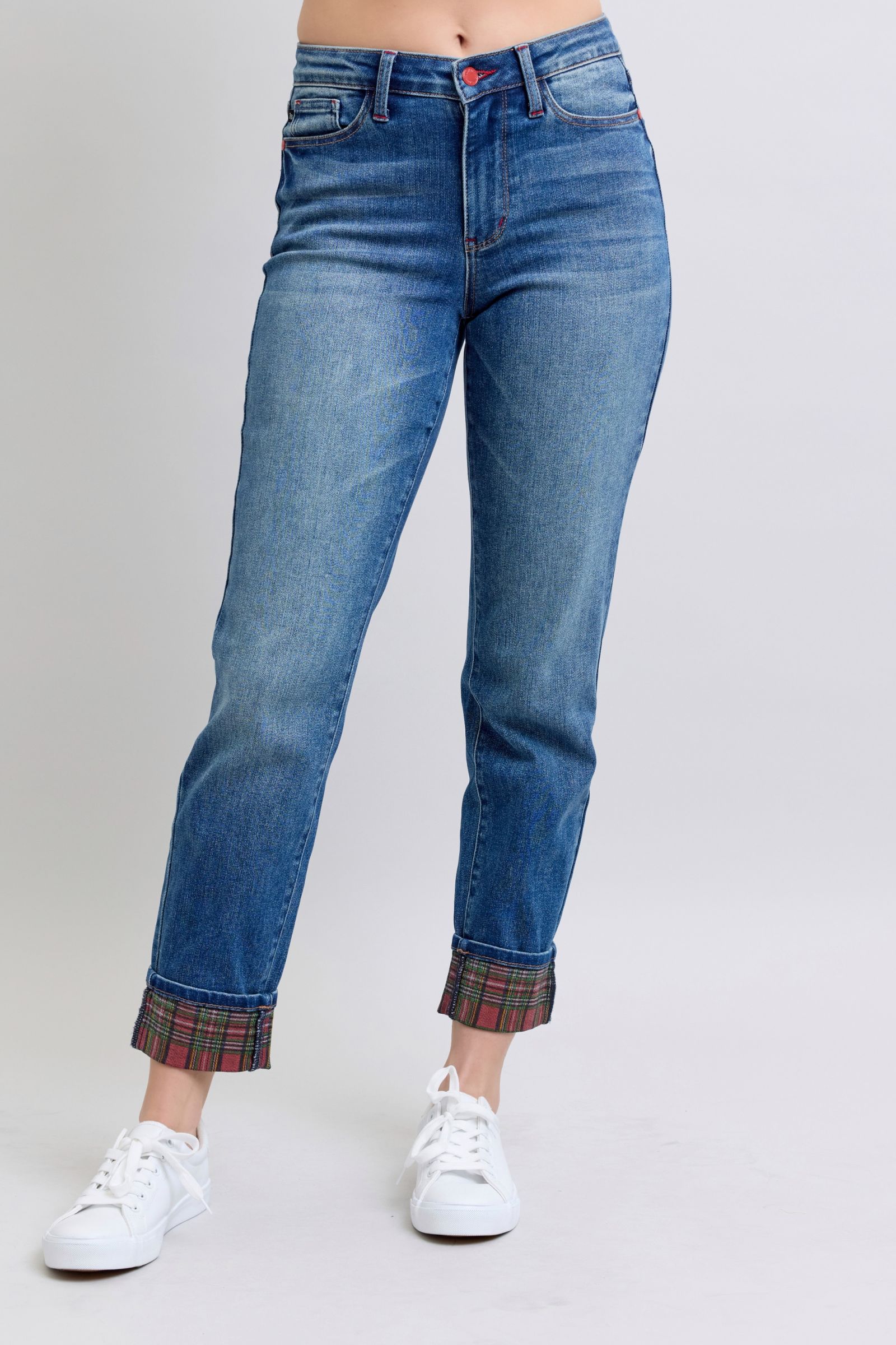 Judy Blue Full Size Plaid Print Cuff Straight Leg Jeans with Pockets - Charming Charlie