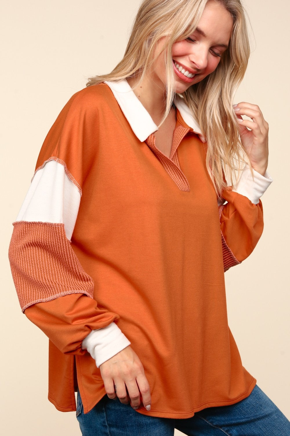 Haptics Color Block Exposed Seam Long Sleeve Top - Charming Charlie