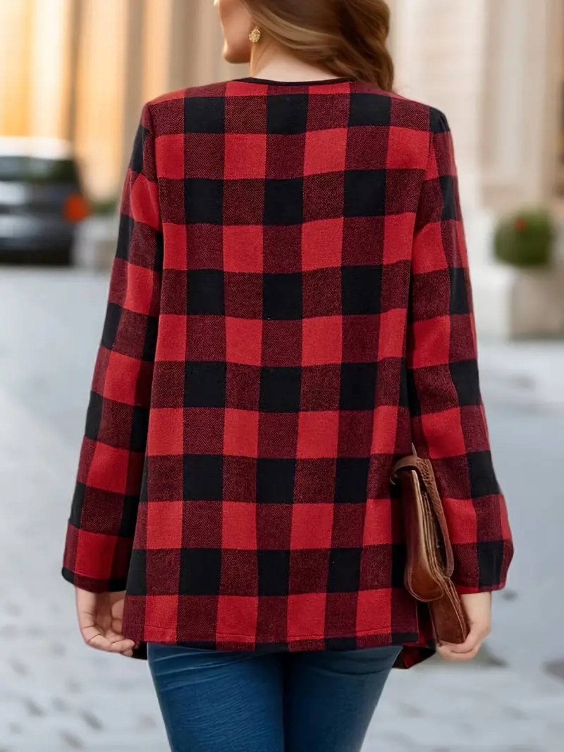 Plaid Open Front Long Sleeve Jacket - Charming Charlie