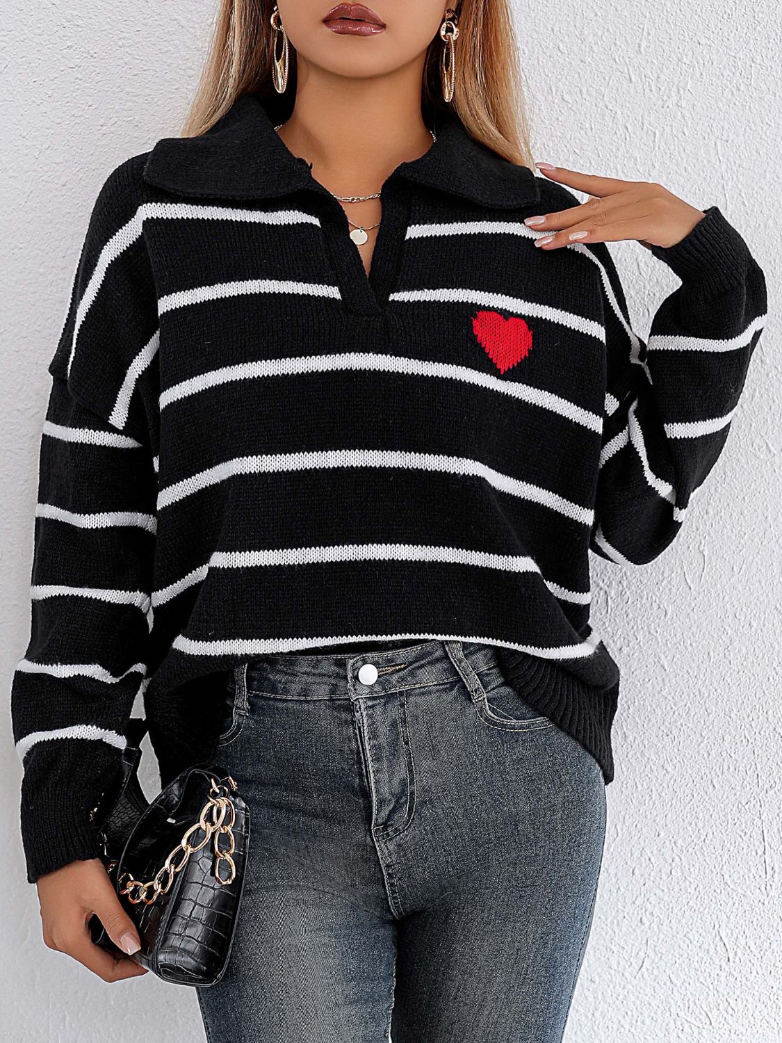 Striped Johnny Collar Long Sleeve Sweater - Charming Charlie