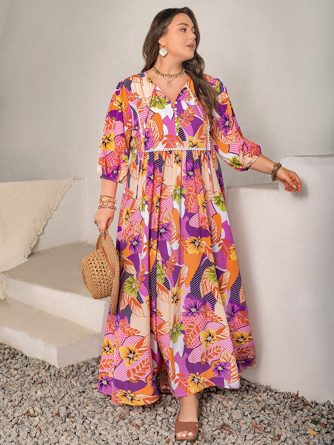 Plus Size Printed Tie Neck Maxi Dress - Charming Charlie