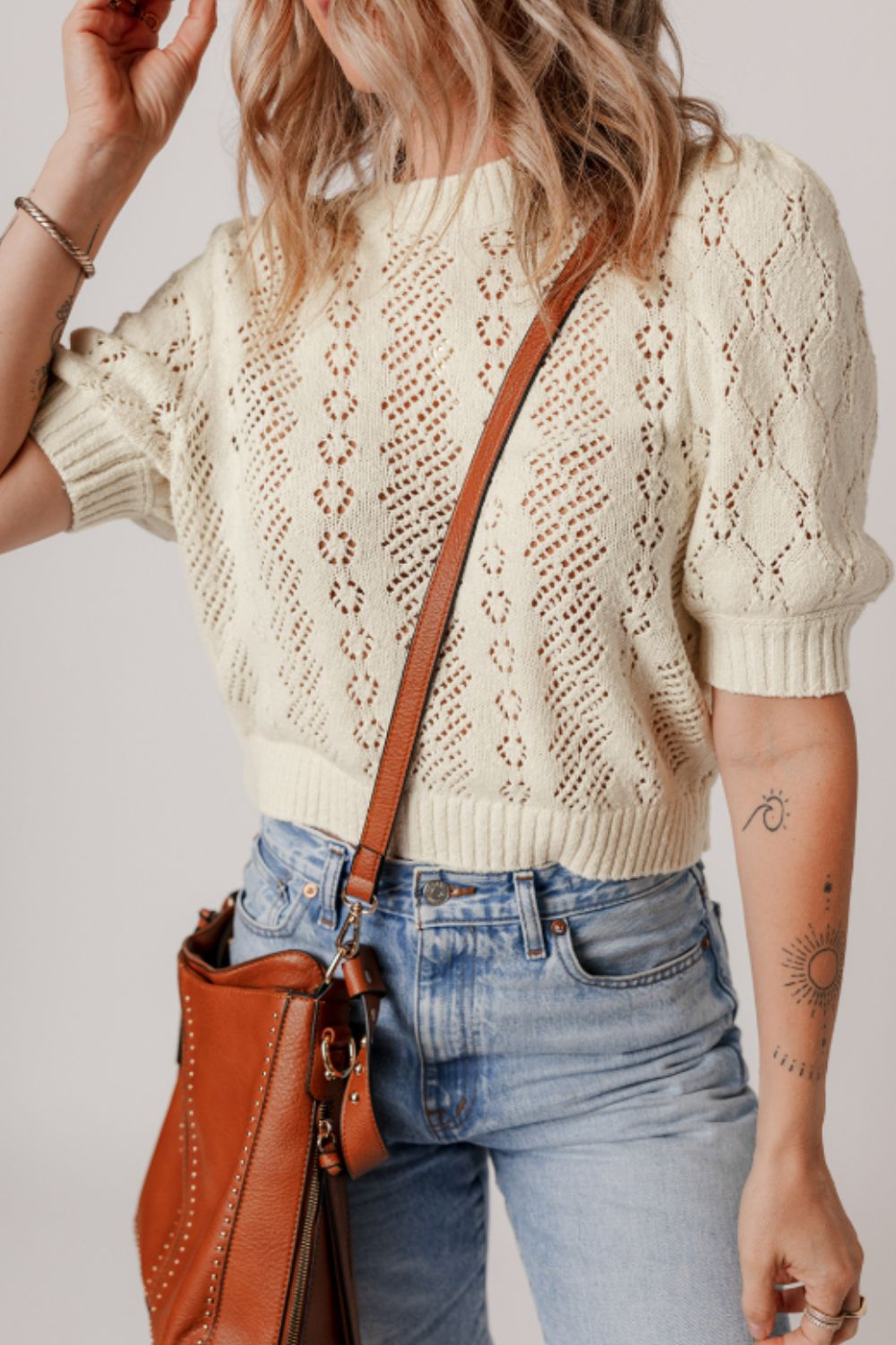 Hollowed Round Neck Half Sleeve Sweater - Charming Charlie