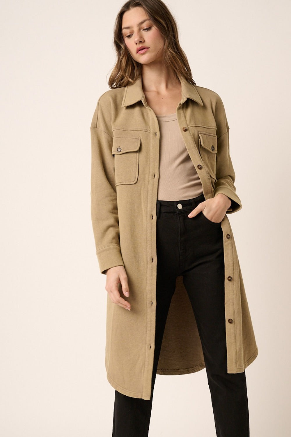 Mittoshop Acid Wash French Terry Longline Shacket - Charming Charlie