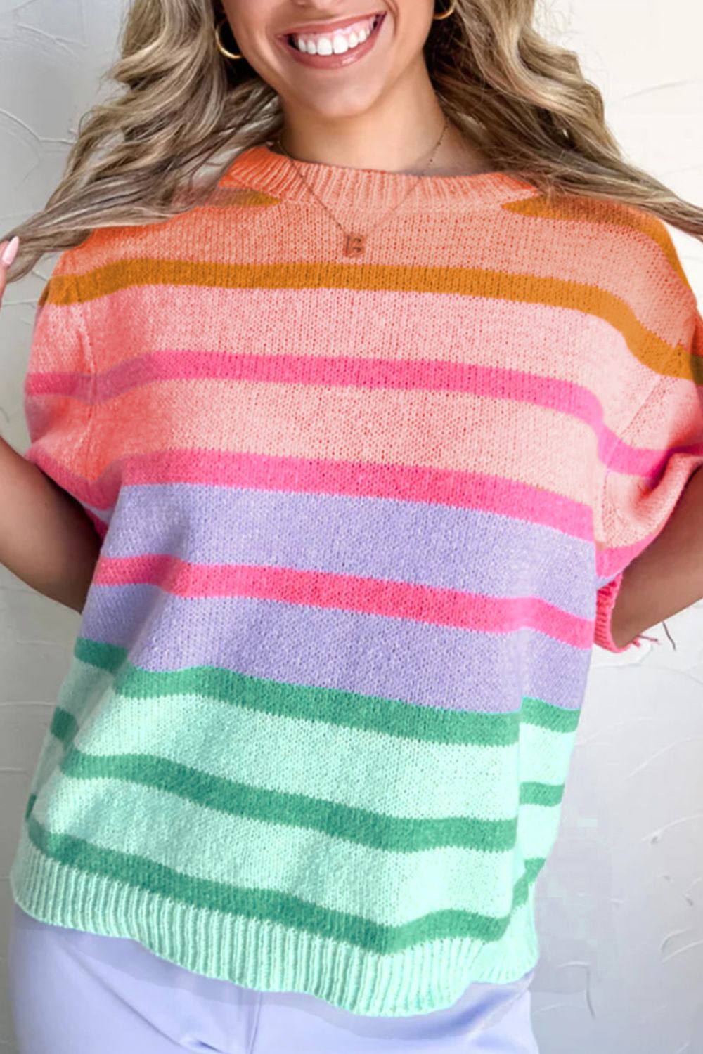 Striped Round Neck Half Sleeve Sweater - Charming Charlie