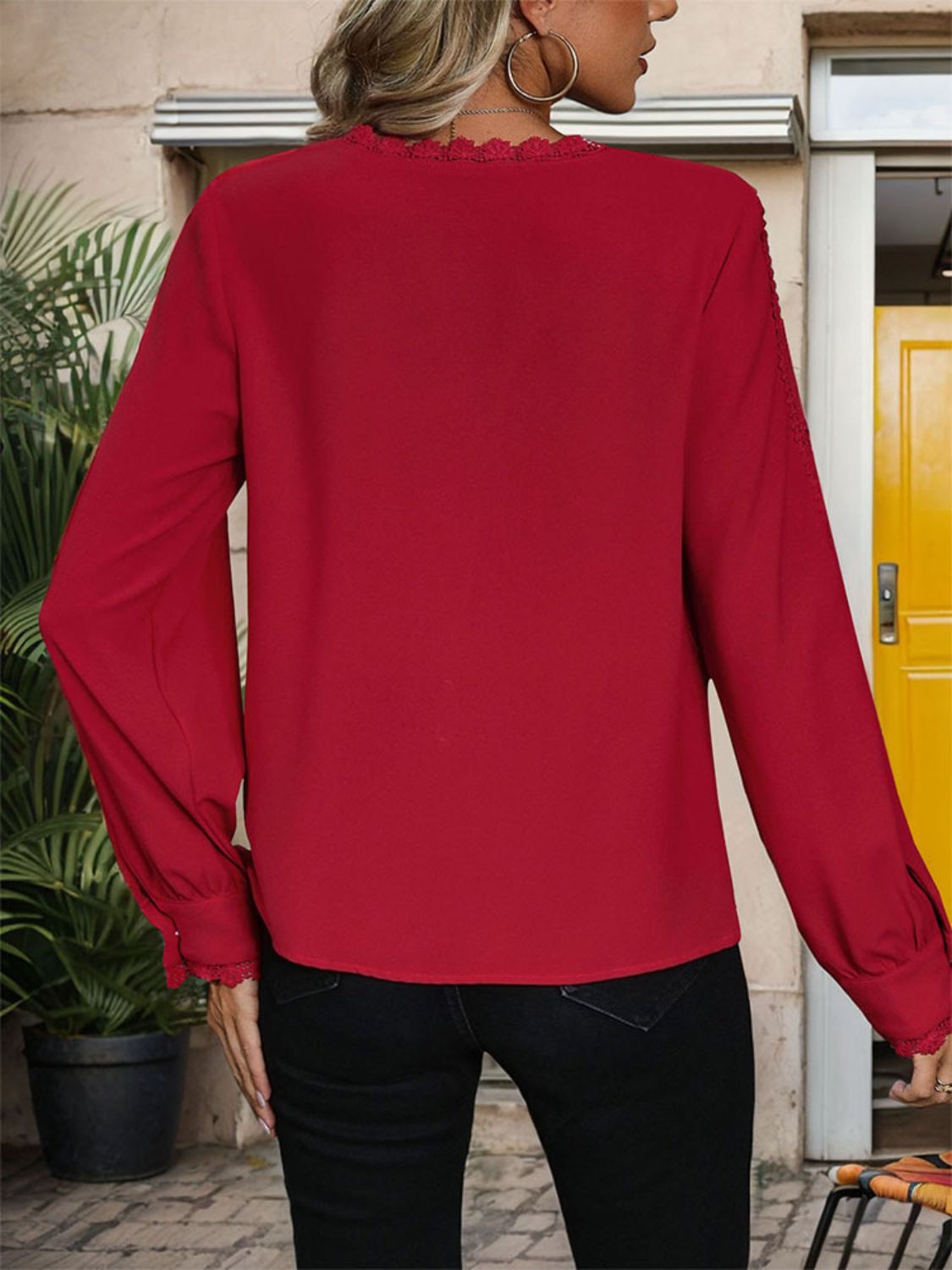 Lace Detail V-Neck Long Sleeve Blouse - Charming Charlie