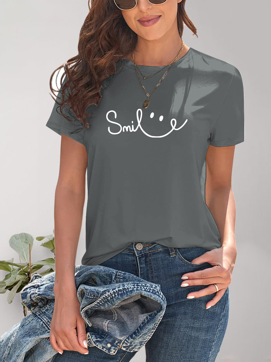SMILE Round Neck Short Sleeve T-Shirt - Charming Charlie