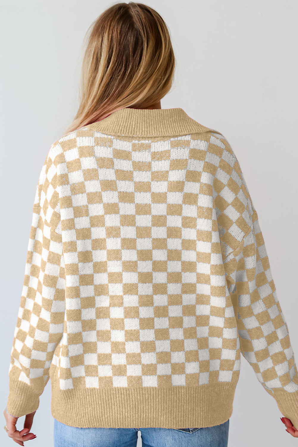 Checkered Collared Neck Long Sleeve Sweater - Charming Charlie