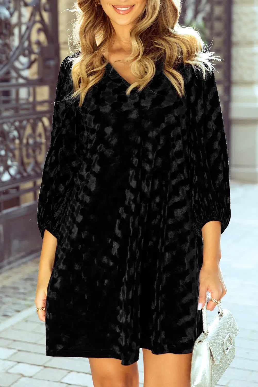 V-Neck Three-Quarter Sleeve Velvet Mini Dress - Charming Charlie
