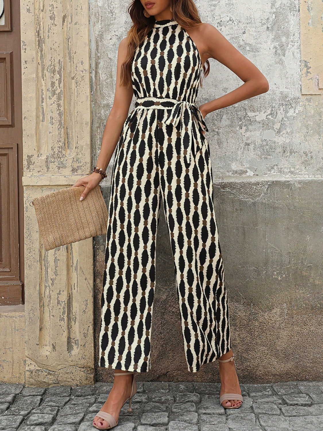 Tied Printed Grecian Neck Jumpsuit - Charming Charlie
