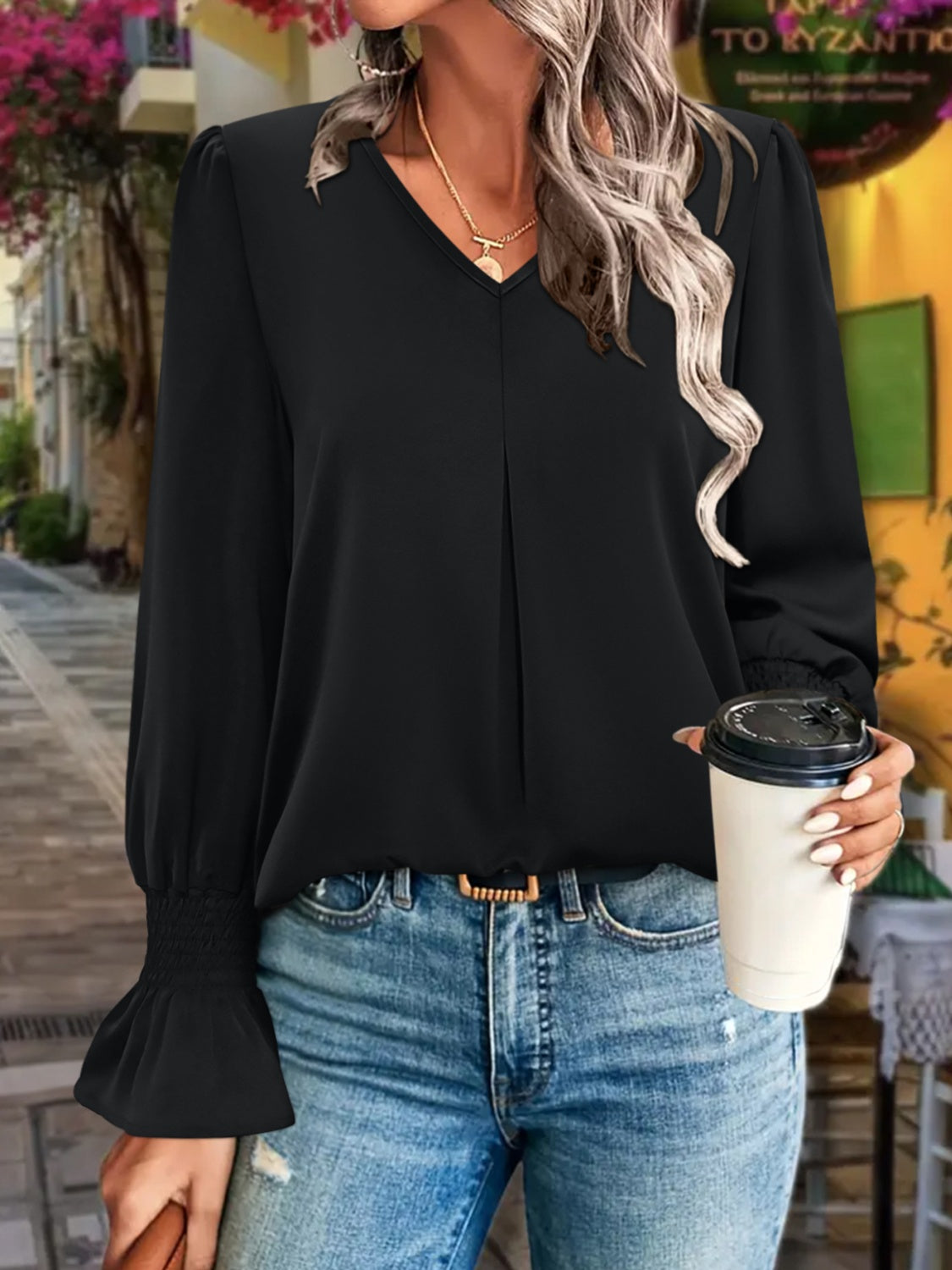 V-Neck Flounce Sleeve Blouse - Charming Charlie