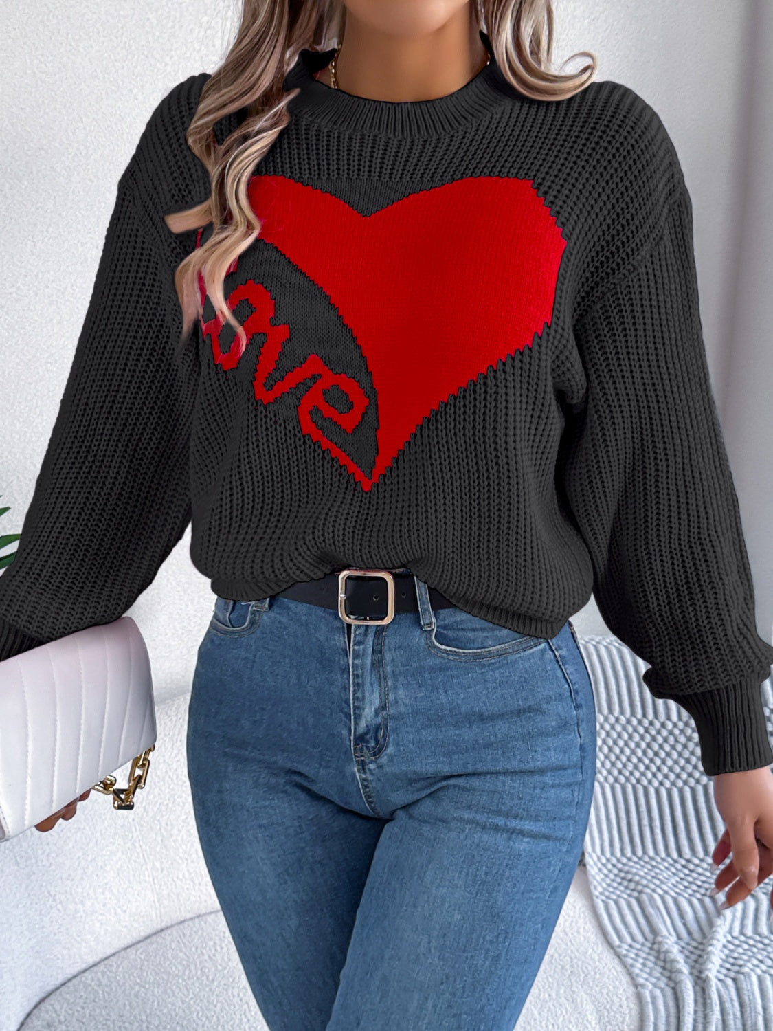 LOVE Heart Round Neck Dropped Shoulder Sweater - Charming Charlie