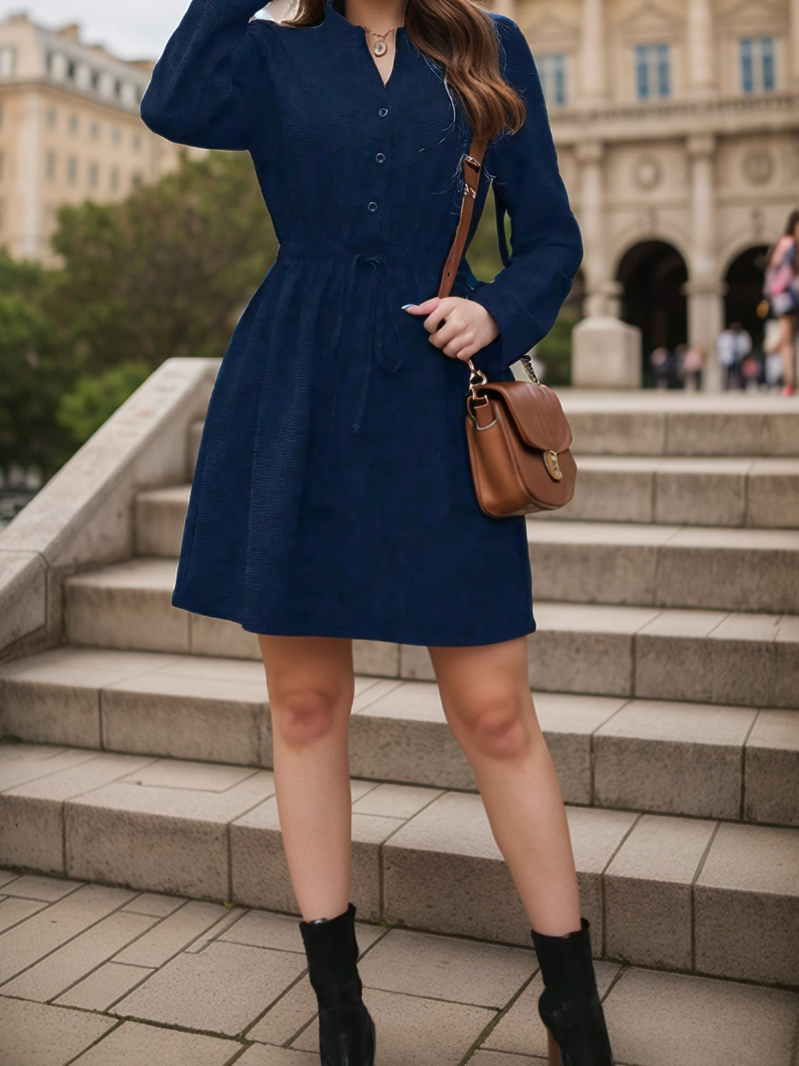 Drawstring Waist Notched Long Sleeve Dress - Charming Charlie