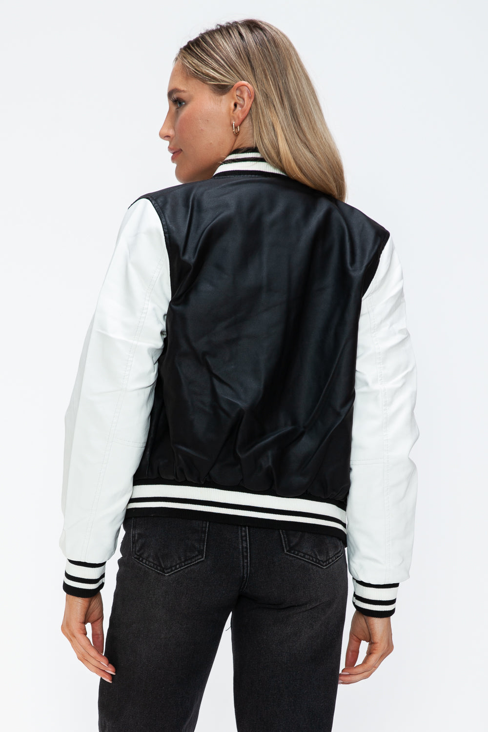 Love Me Now PU Leather Contrast Snap Down Bomber Jacket - Charming Charlie