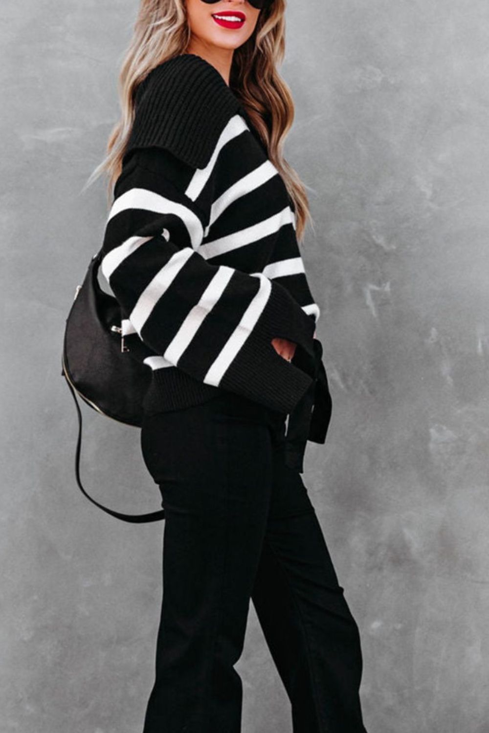 Striped Johnny Collar Long Sleeve Sweater - Charming Charlie