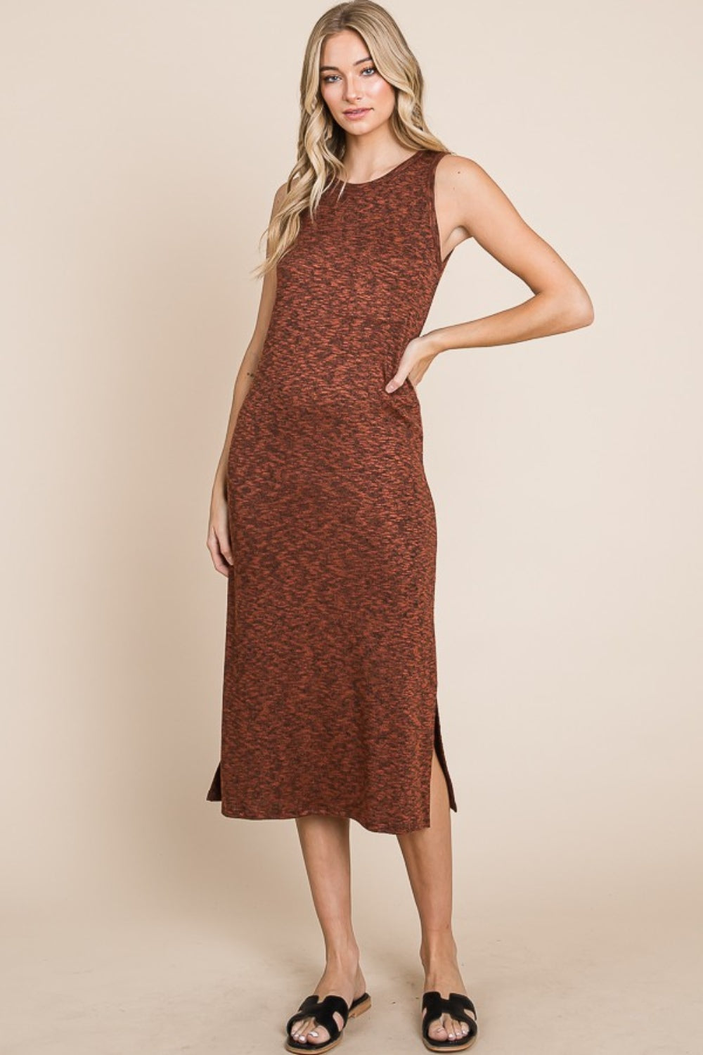 BOMBOM Slit Round Neck Sleeveless Midi Dress - Charming Charlie